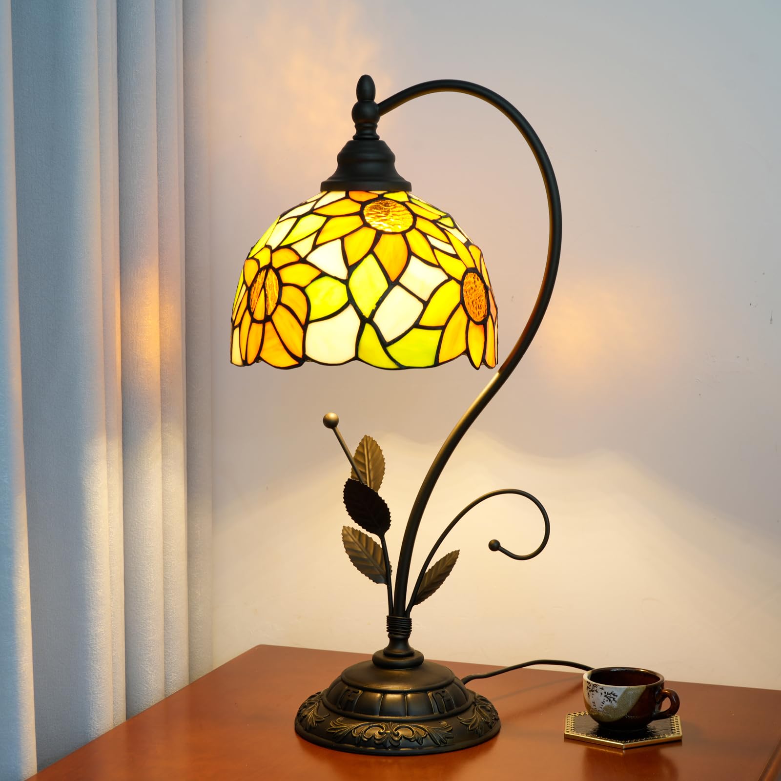 Blivuself Tiffany Table Lamp Sunflower Yellow Stained Glass Lamp Tiffany Style S Leaves Vintage Desk Light for Bedside Living Room Office Dormitory Dining Room