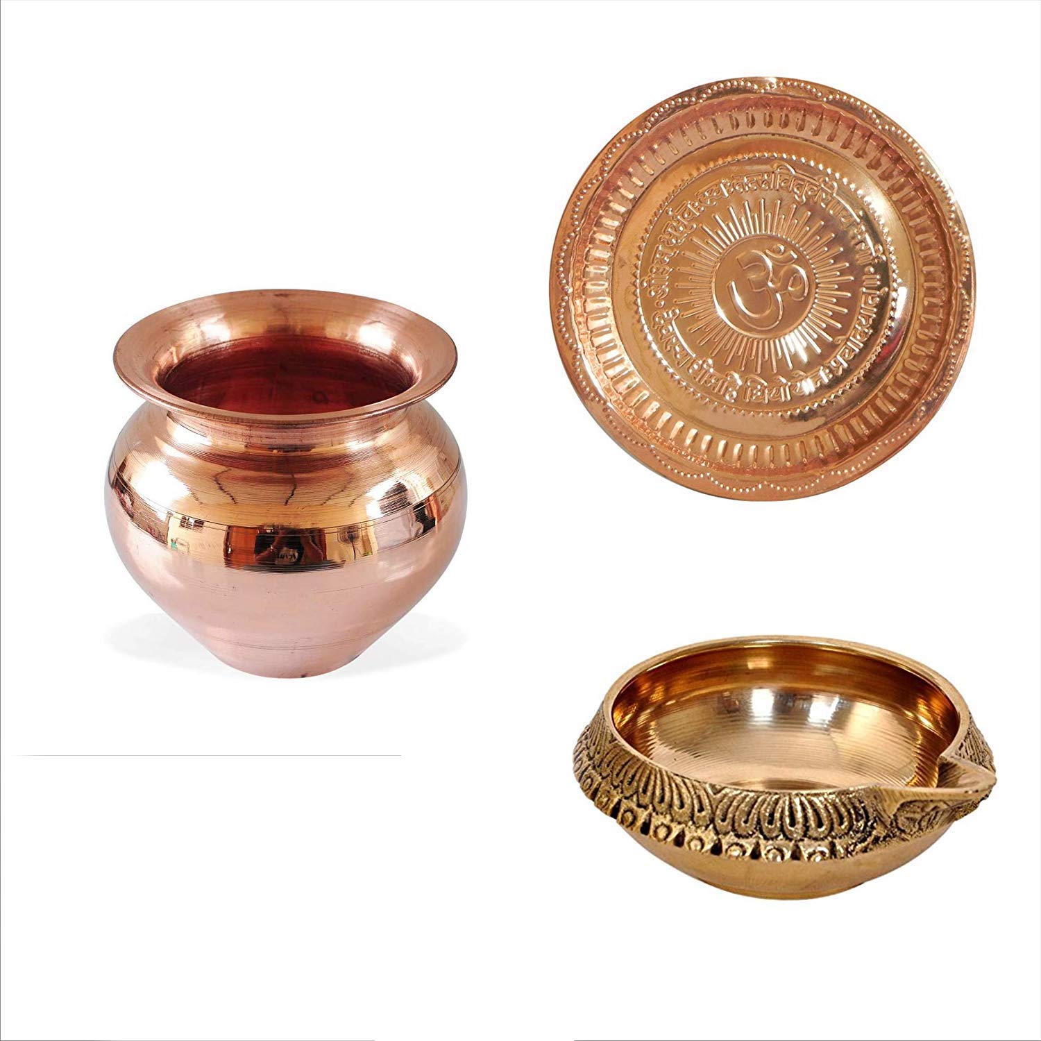 SIYAA Combo of Copper Puja Thali, Lota Kalash and Kubber Deepak for Diwali Pooja Items (Pack of 3)