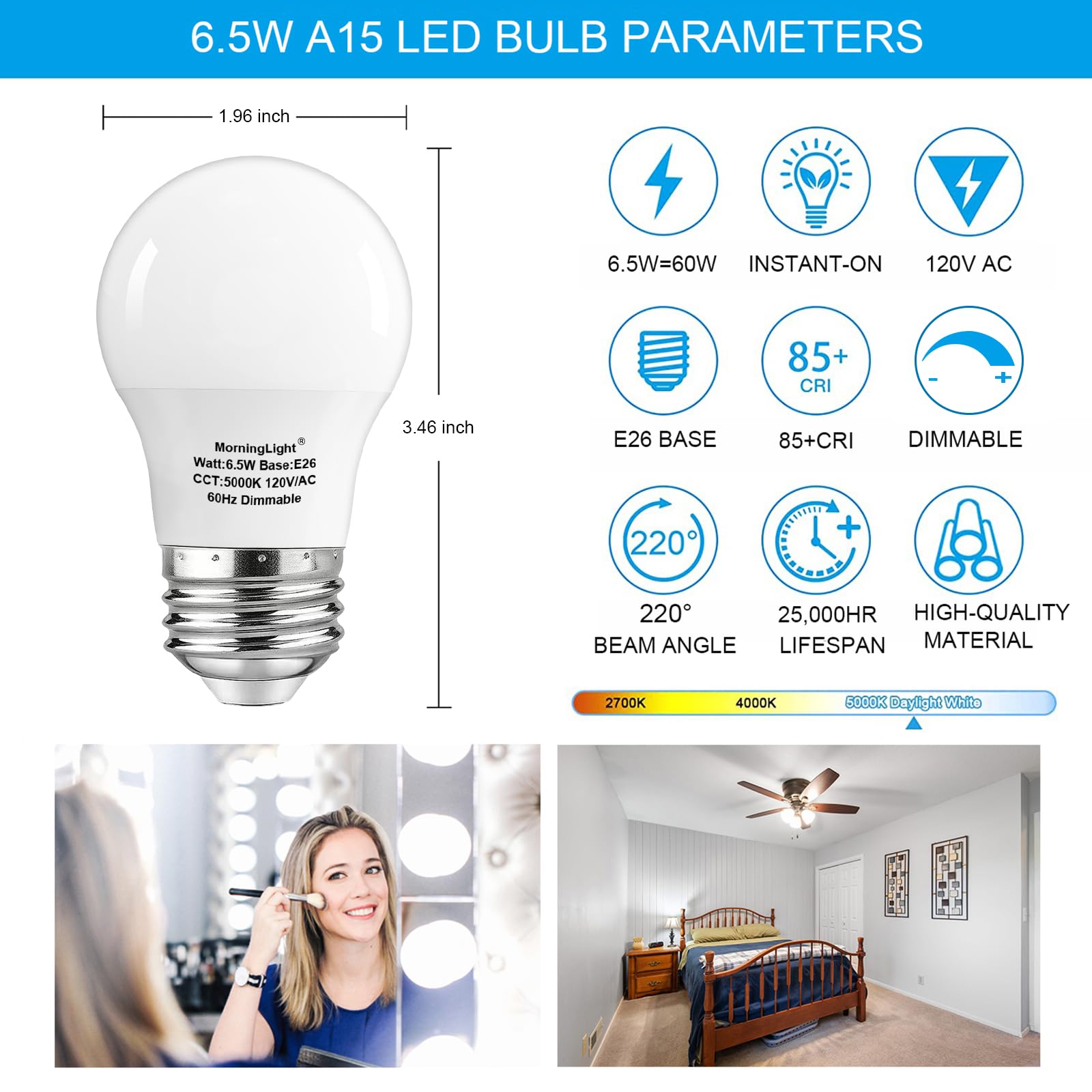 Morninglight A15 Light Bulb Daylight 60 Watt Equivalent, E26 Small Light Bulb Daylight 5000K, Dimmable 6.5 Watt Led Bulb For Cei