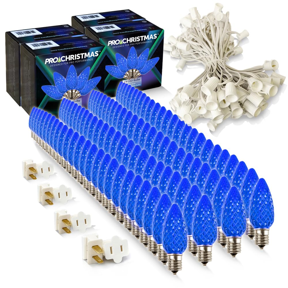 Pro Christmas C9 LED Christmas Light Kit for Rooflines & Pathways - DIY Cut to Length  Outdoor Commercial Grade (White Wire w/Vampire Plugs  100 Bulbs  100 ft) Blue
