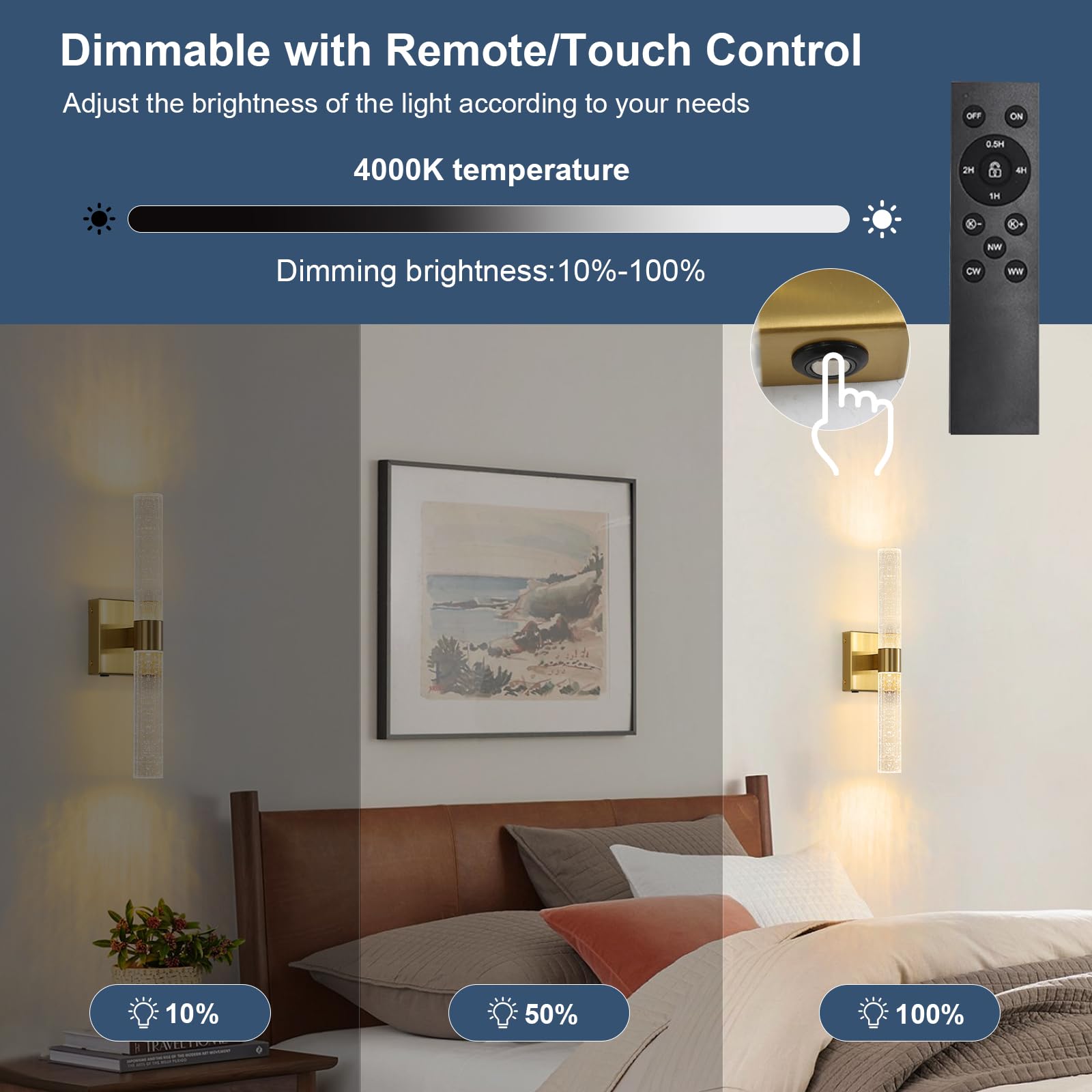 HONGREN Wall Sconces Set of Two - 17 Inch Gold LED Dimmable Battery Operated Light with Remote Control