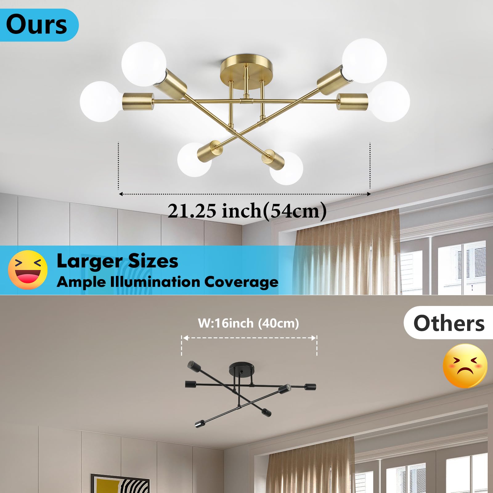 Bosceos Modern Sputnik Chandelier 6-Light Industrial Ceiling Fixture 22in Gold Metal Semi Flush Mount Lighting for Dining Room, Bedroom, Living Room