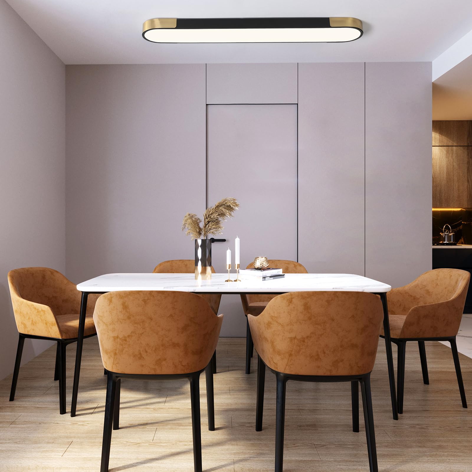 Qcyuui Kitchen Lighting Fixtures Ceiling 39.4 Inch Dimmable Modern Led Ceiling Light Black And Gold Long Linear Ceiling Light Fixture For Office Bedroom Kitchen Hallway (48W/3000-6500K)