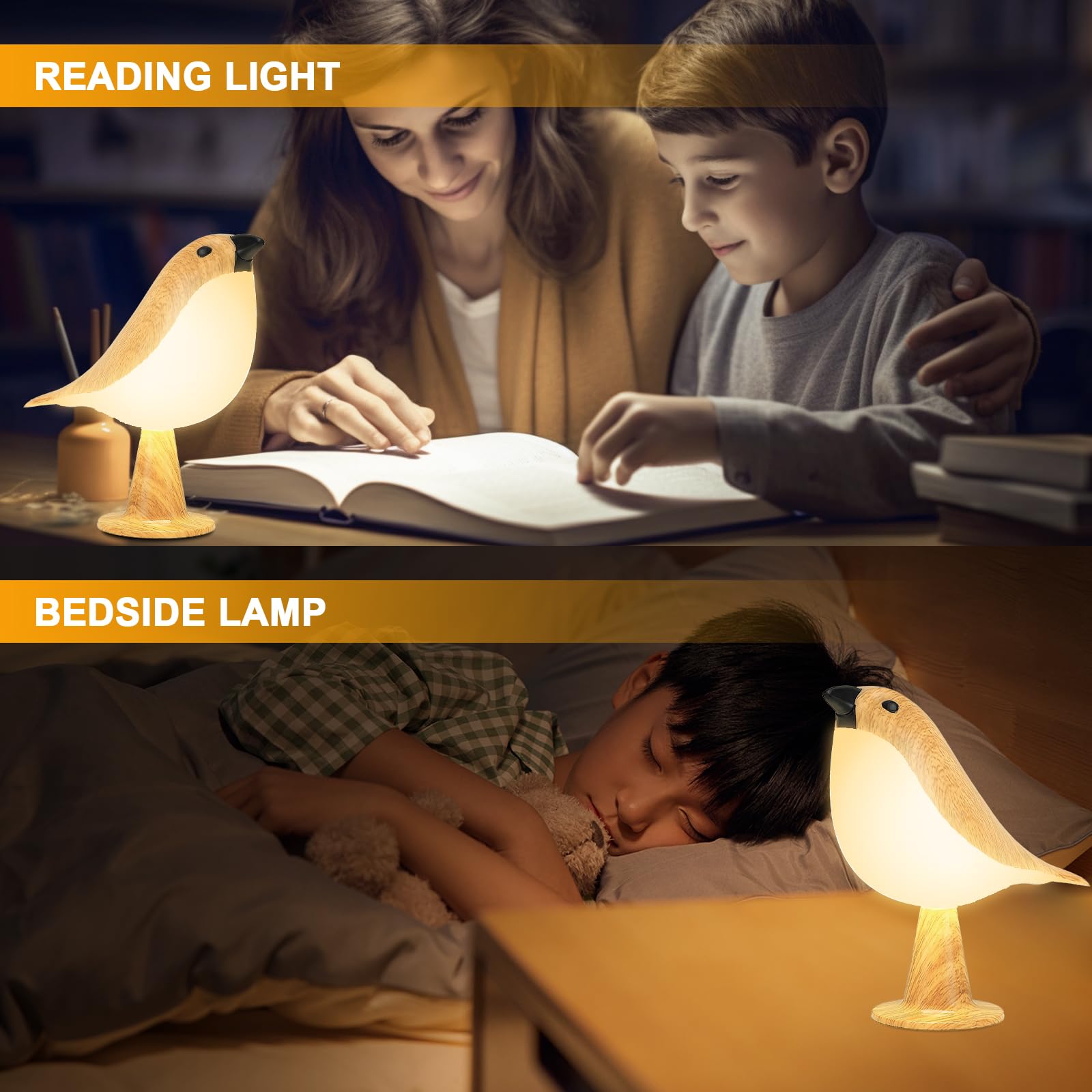 Deogos Bird Lamp, Touch Control Bedside Lamp, Cordless, 3-Way Dimmable, Rechargeable, Small, Acrylonitrile Butadiene Styrene
