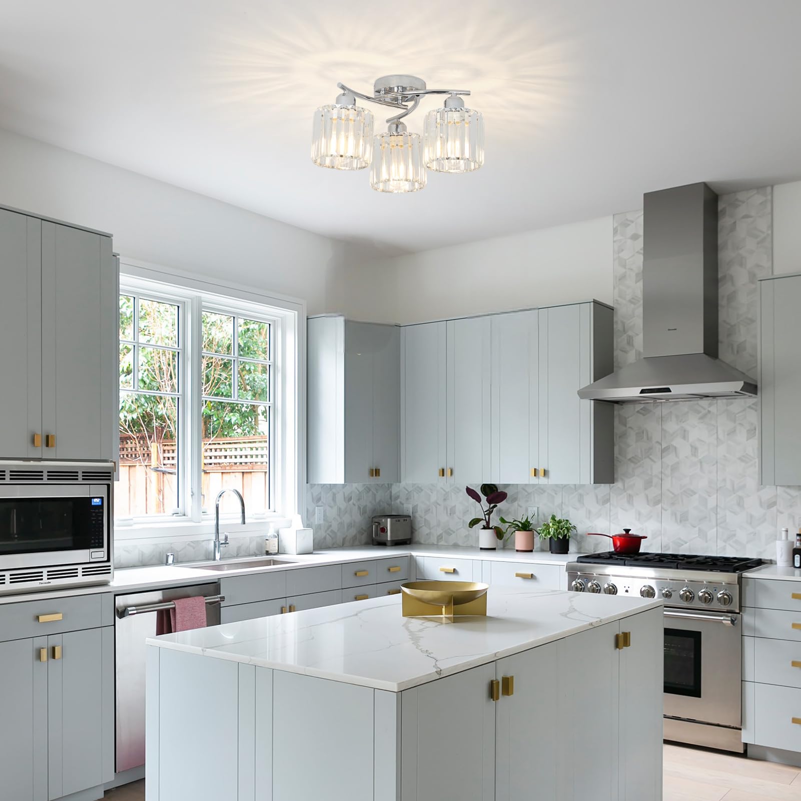 Crystal Close To Ceiling Light Fixtures 3-Light Chrome Modern Semi Flush Mount Ceiling Light Kitchen Light Fixture With Clear Crystal Shades Hallway Lighting Fixture For Entryway Bedroom Bathroom