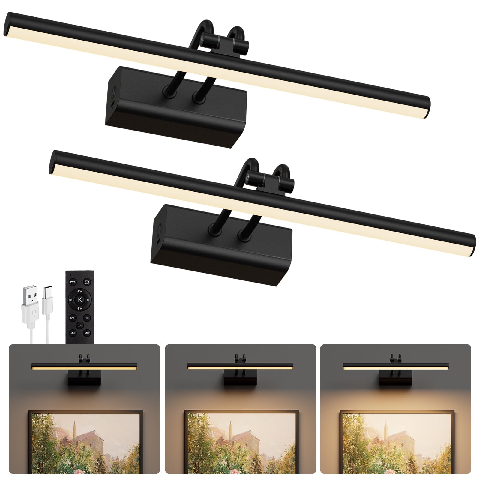 Percantis Battery Operated Wall Light for Living Room Picture Light for Wall Set of 2, 4000 mAh, 14 Dimmable Art Painting Ligh