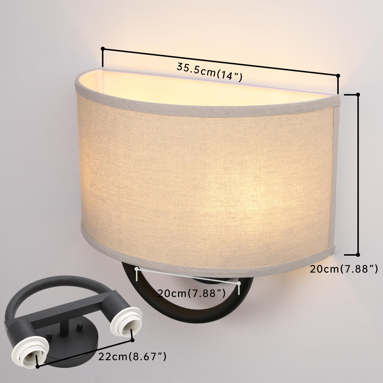 JIMUBEAM Industrial Wall Sconce, 2-Lights, Linen Fabric Shade, Black, Model JMUS829HM2