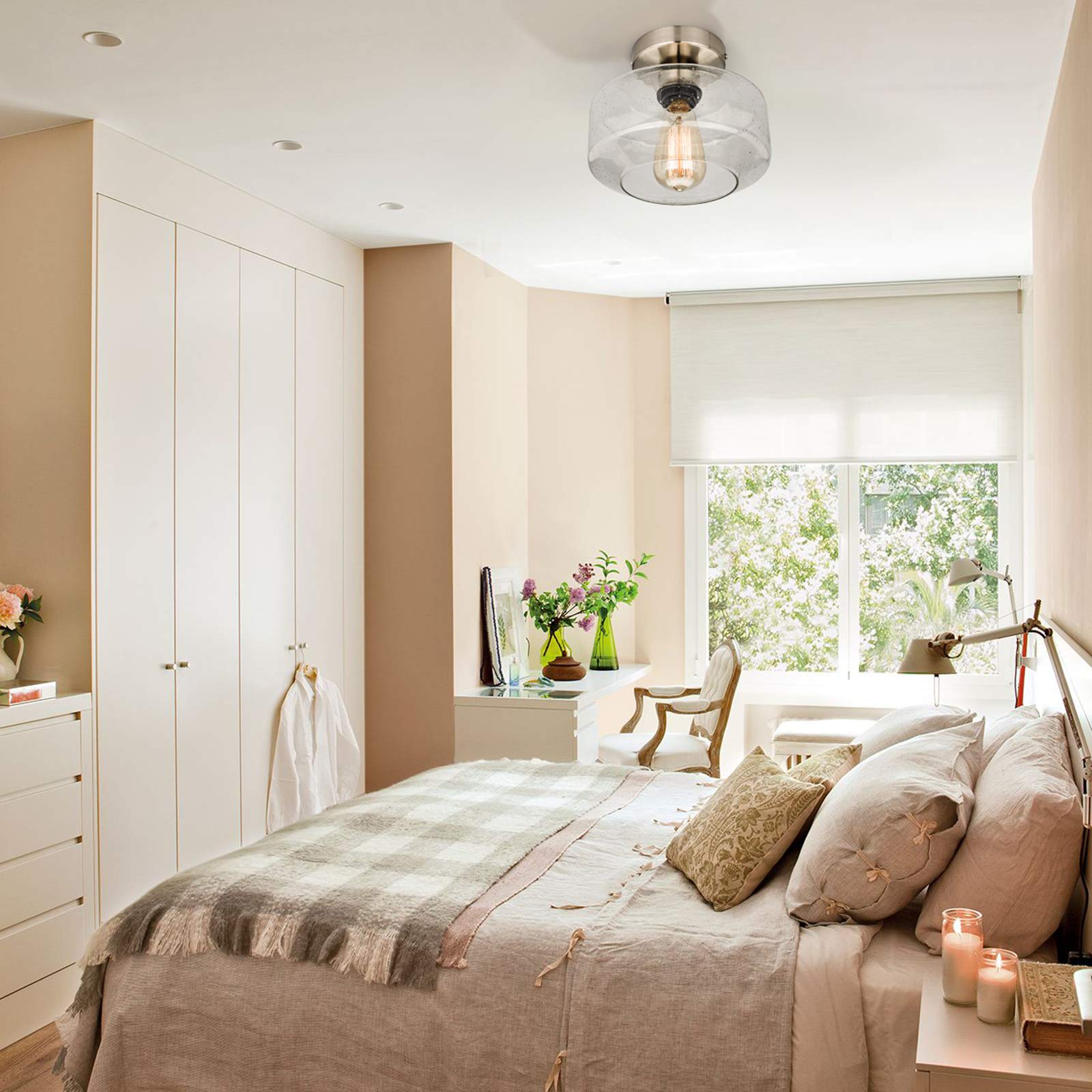 Sunrider Semi Flush Mount Ceiling Light Fixtures, Brushed Nickel Industrial Seeded Glass Lamp, Silver Ceiling Light For Kitchen