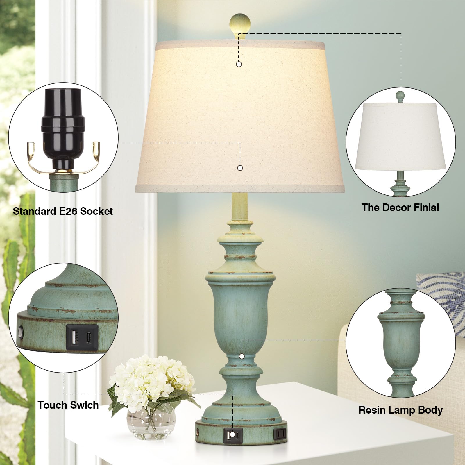 Cinkeda 25.6'' Farmhouse Table Lamps Set Of 2 With Usb C+A Ports & Ac Outlet For Rustic Living Room Retro Bedroom,3-Way Dimmable