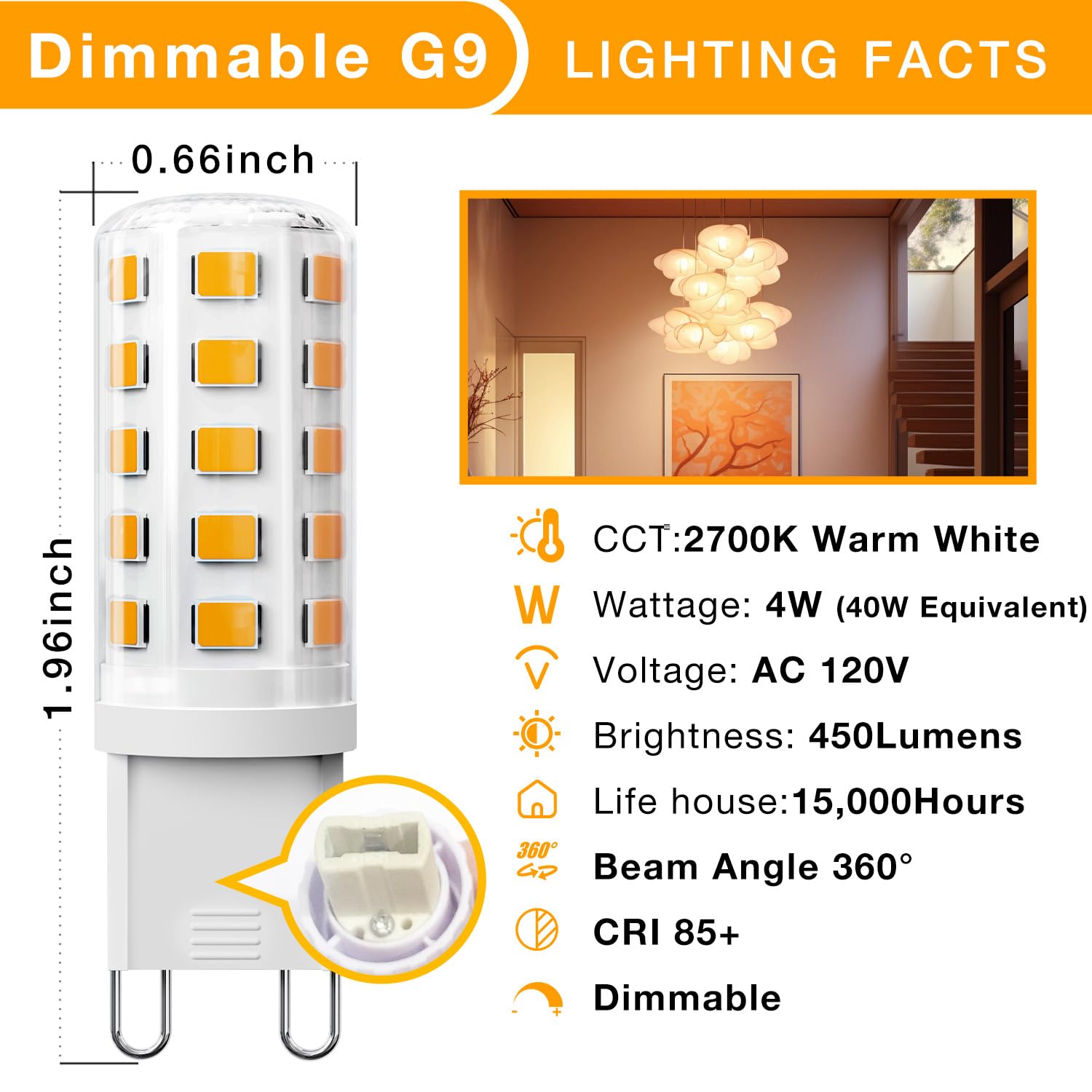 Daybeeter 6 Pack Dimmable G9 Led Bulb 4W (40 Watt Equivalent), 2700K Soft Warm White, G9 Halogen Bulb T4 G9 Bi-Pin Base Light Bu