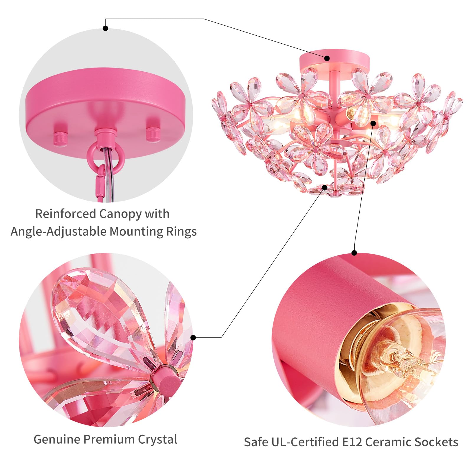 WUZUPS Crystal Chandelier Flushmount Ceiling Light, 8.9in H x 17.7in W, Pink, Metal, 6 Lights, Model USHD90013C-P