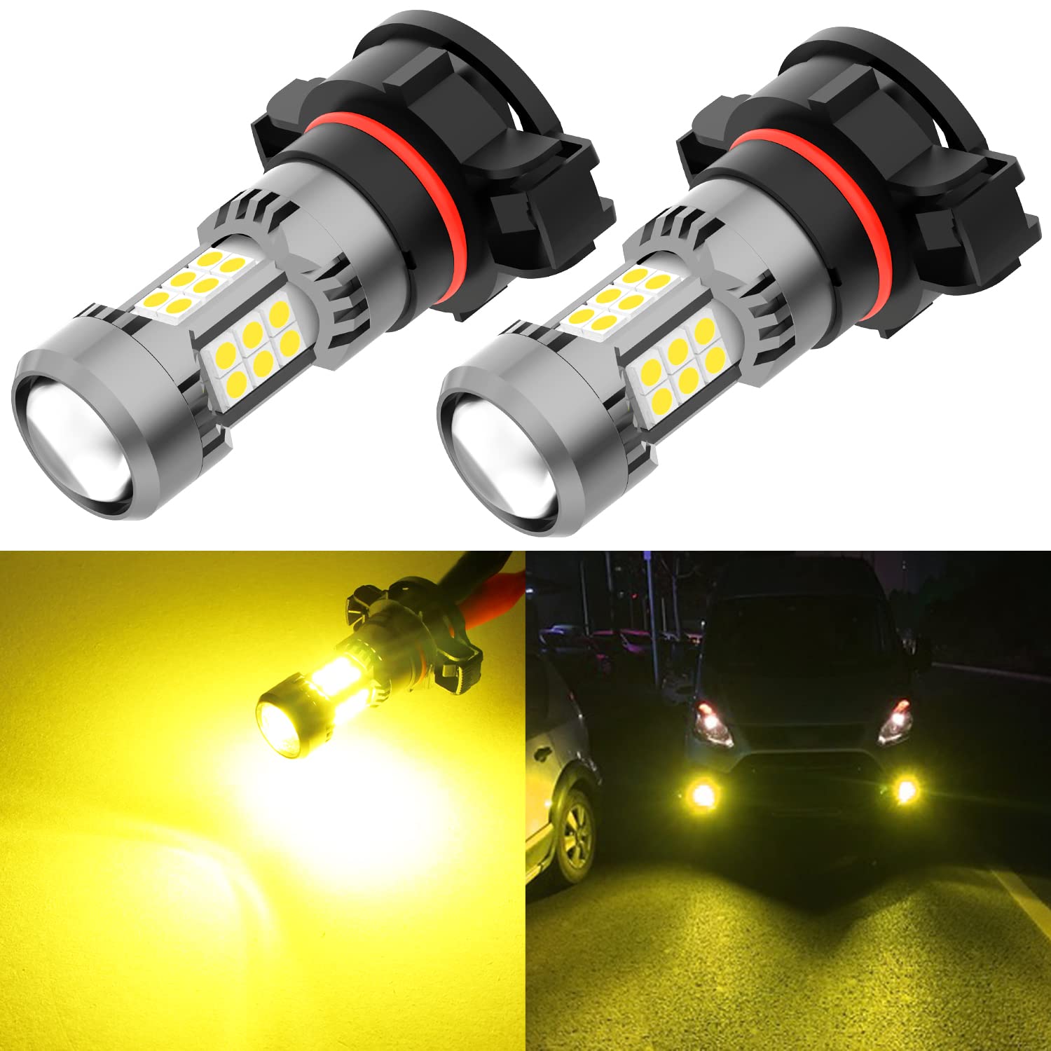 PHINLION PSX24W LED Fog Light Bulbs, 3200 Lumens, 3000K Golden Yellow, 3030 30 SMD, Model Phinlion-PS
