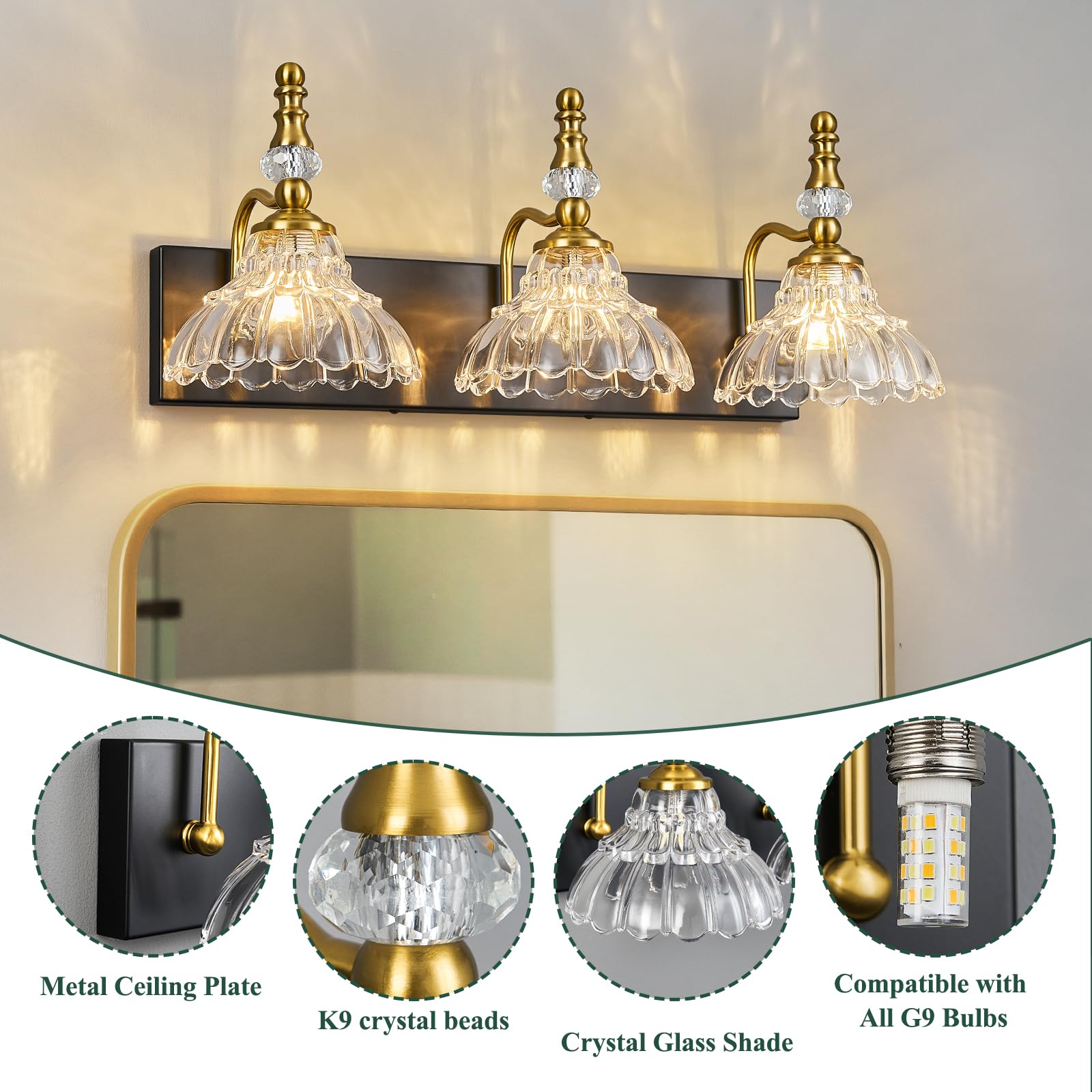 Lbsqj Vintage Bathroom Vanity Light  3-Light Black Gold Vanity Lighting Fixture With Flower Glass Shade  Bathroom Lighting Fixtures Over Mirror