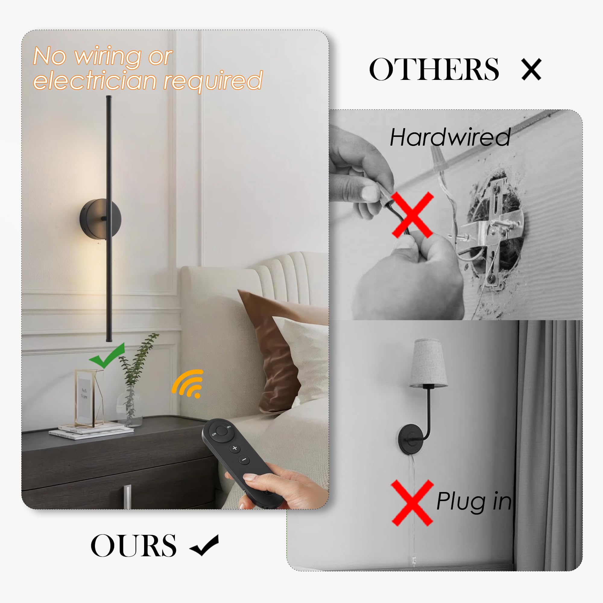 KARTOOSH Dimmable Battery Operated Wall Sconces, 24.4" Black LED Lights, 350° Rotate, Set of Two for Living Room, Bedroom, Hallway