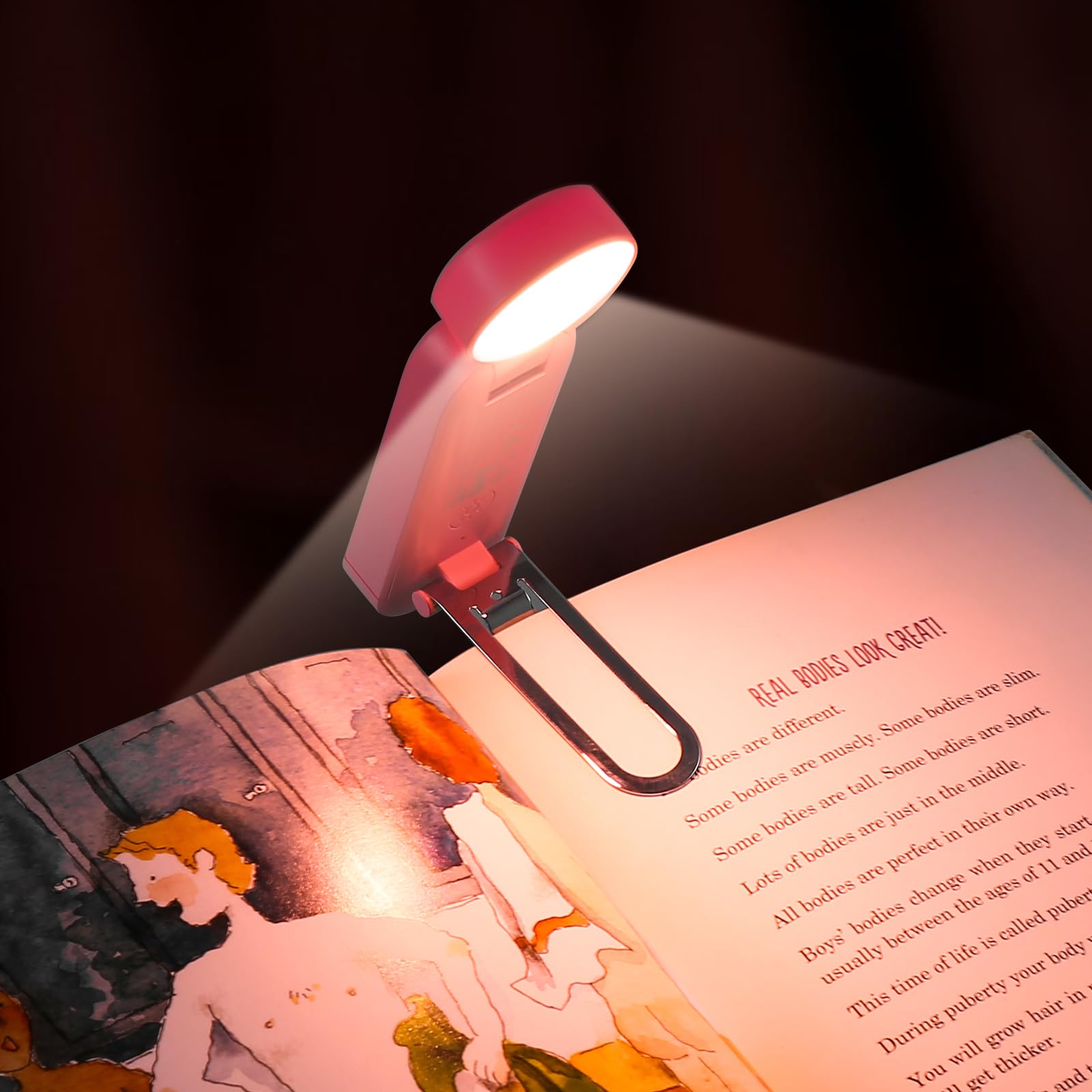Vavofo Usb Rechargeable Book Light, Blue Light Blocking, Amber Light Clip On Bookmark Shaped Reading Light, Eye Care 6 Leds Book Light For Bookworms Reading In Bed (Pink)