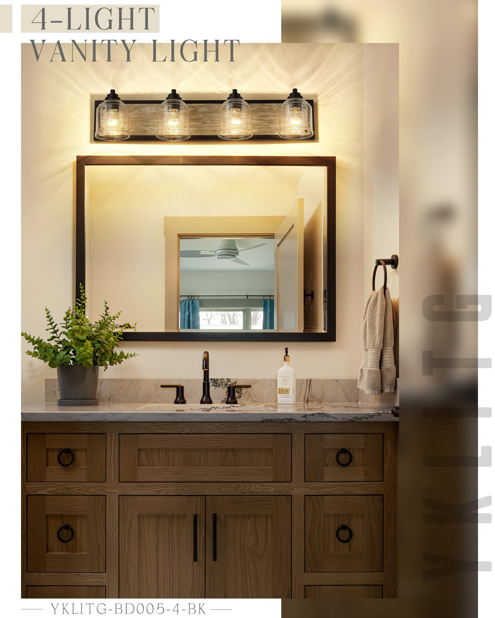 31.5" Large Farmhouse Bathroom Vanity Light,Handmade Grey Wood Vanity Light With Bubble Glass Shades,4-Light Rustic Wall Sconce Lighting Fixtures Over Mirror, Bd005-4-Bk