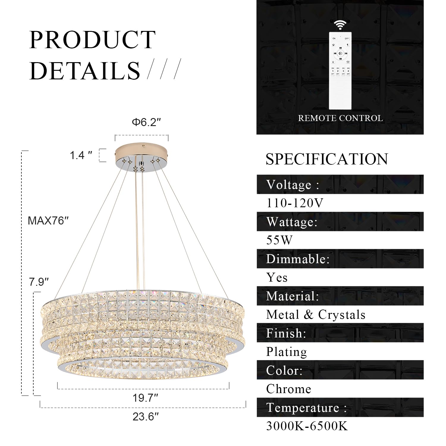 Poemoon Crystal LED Chandelier 2-Tier Dimmable 3000-6500K 24in  Chrome Model 4003-600C