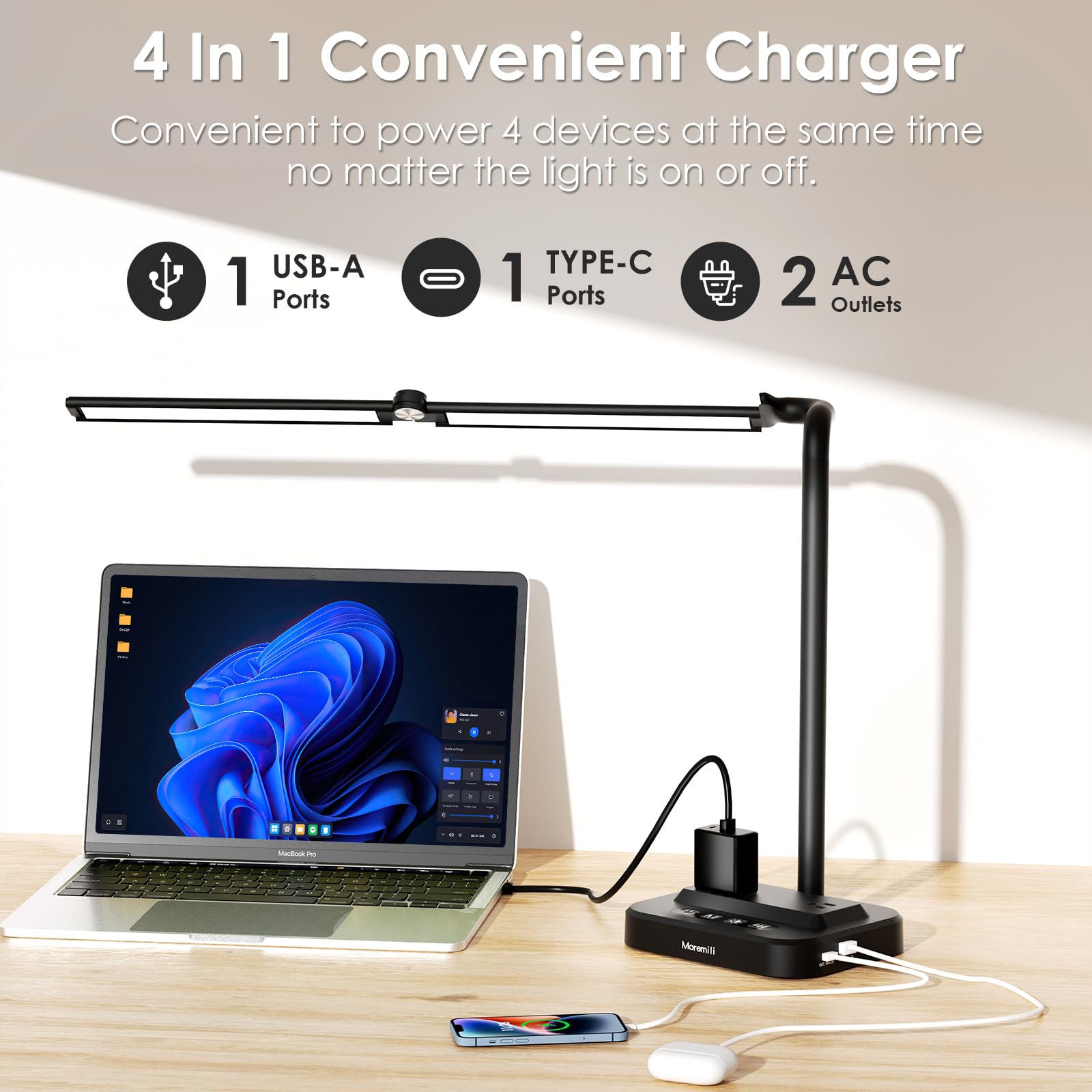 Moremili Desk Lamp With Usb Charging Port: Power Strips With Surge Protection - 1 Type-C, 1 Usb-A Charging Port, 2 Ac Power Outl