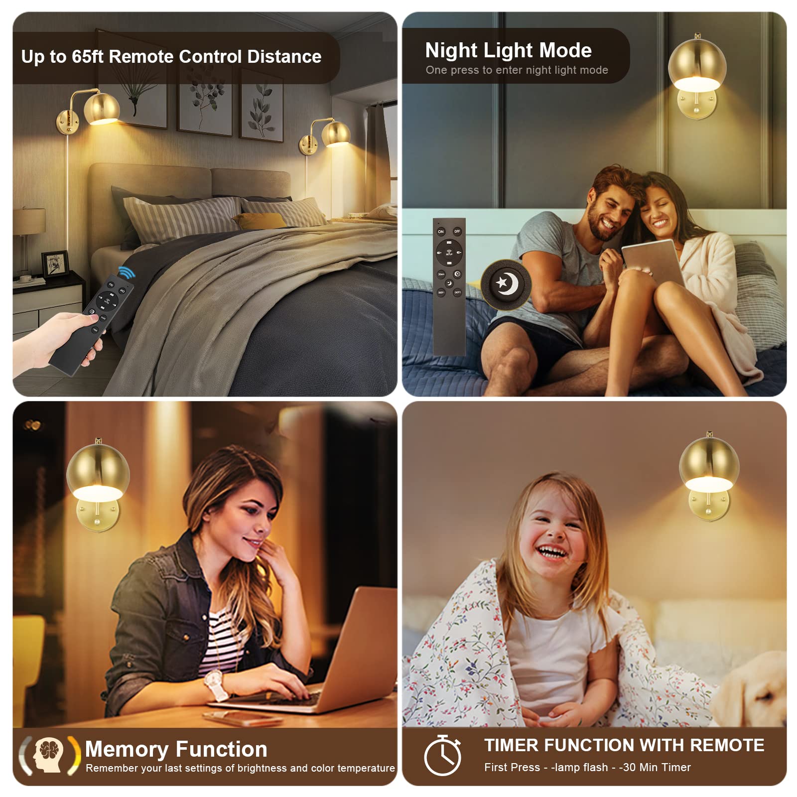 Vatoni Wall Sconce With Remote Control, Plug In Wall Sconces Dimming 0-100% And Adjustable Color Temperature 2700K-6000K, Brushe