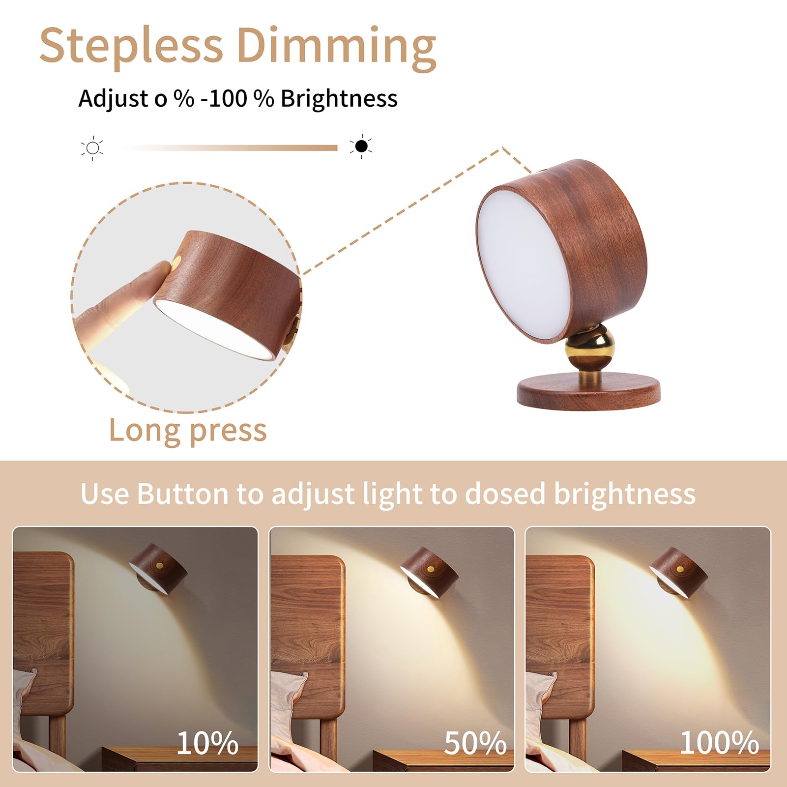 HBGFHG Wooden LED Wall Sconce, Dimmable & Rotatable, Rechargeable, Battery Operated, Sapele Wood, Model NO-HB01300