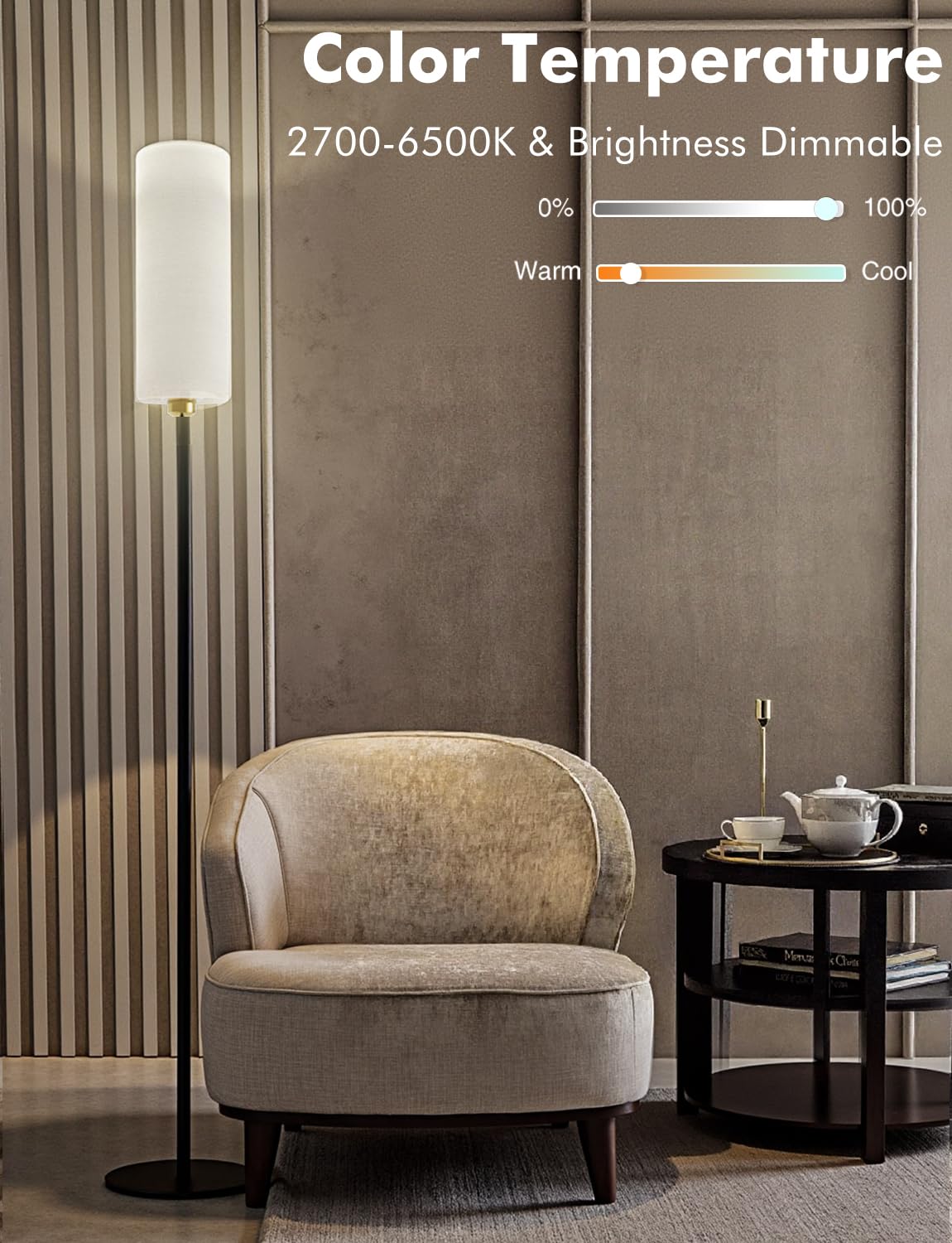 YHW LED Floor Lamp, 3 Color Temperatures, 12W, Beige Lampshade, 68.89’’ Tall, Small, Industrial Design for Living Room/Office