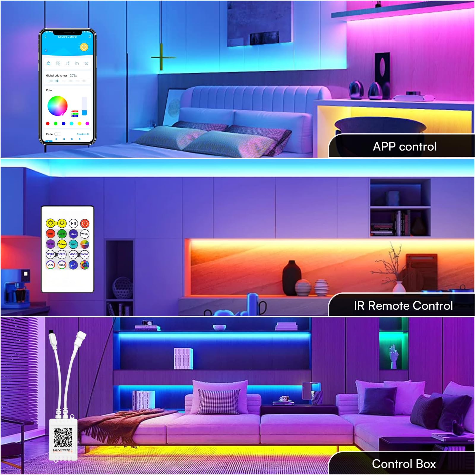 Gupup 16.4Ft Cob Rgb Smart Ic Led Strip Lights,Addressable Color Chasing Strip Light, 24V 2880 Leds Multicolor Flexible Tape Lig