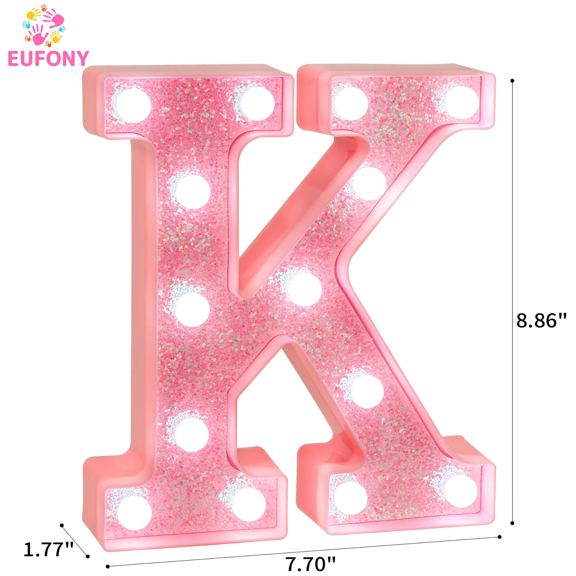 EUFONY Pink Glitter LED Marquee Light Up Letter K with Cool White Lights, Battery-Powered Alphabet Letter Sign for Girls Gift, B