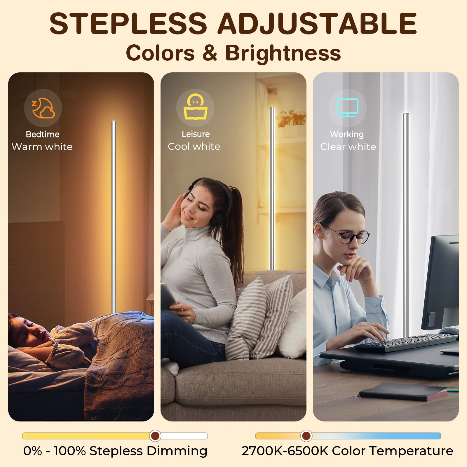Led Corner Floor Lamp For Living Room, Minimalist Light With Remote Control, Stepless Adjustable 2700K-6500K Colors & Brightness