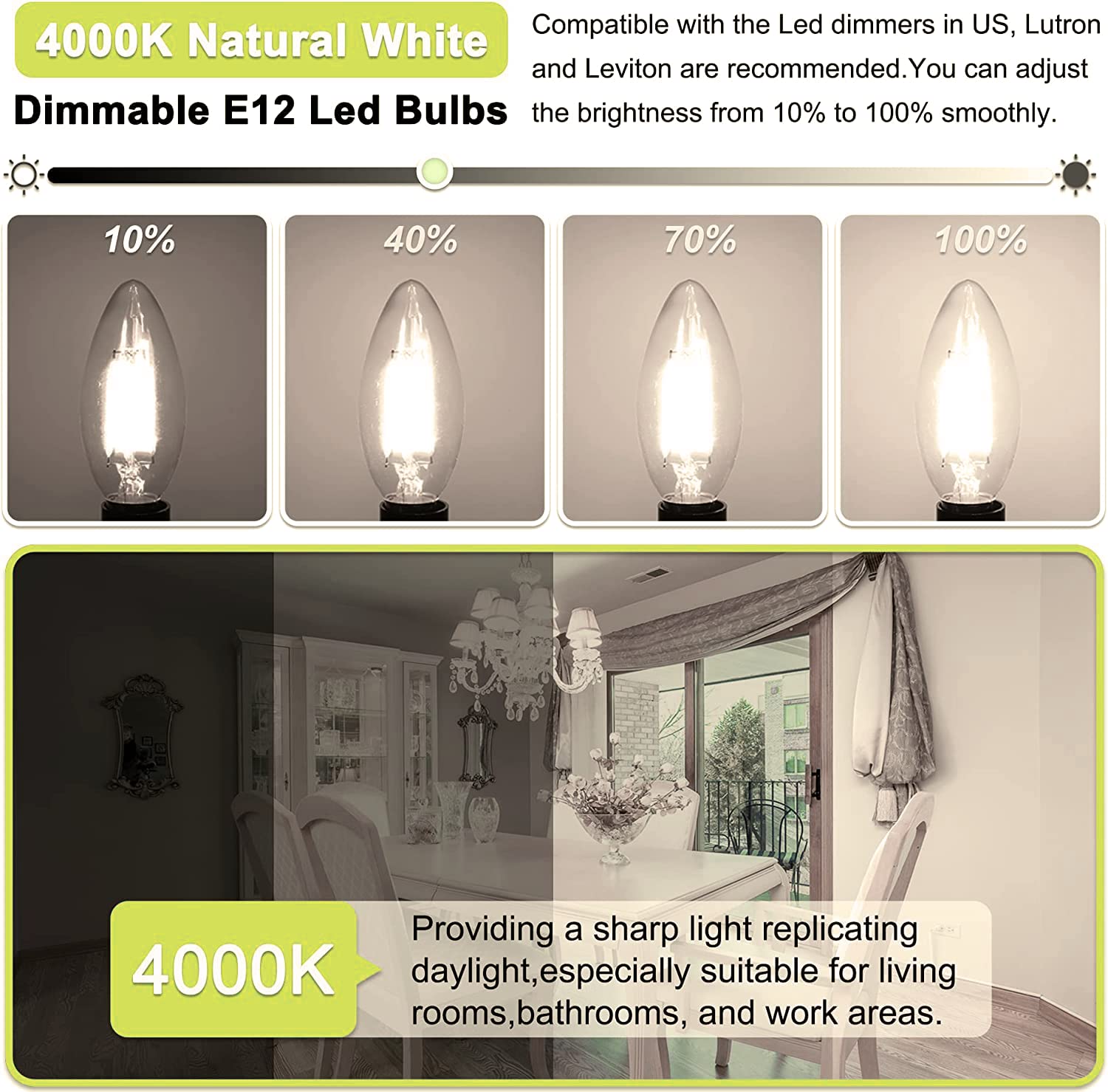 Honesorn E12 Led Bulbs, 4W(60W Equivalent Candelabra Led Light Bulbs, 4000K Natural White Chandelier Light Bulbs, 600Lm Clear Gl