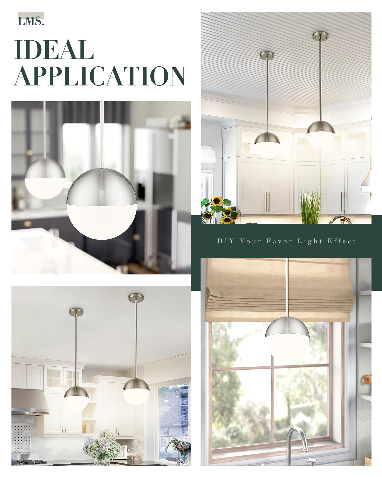 Lms 2 Pack Modern Pendant Lights, Mid Century Brushed Nickel Kitchen Lighting With White Globe Glass Shade, Adjustable Hanging L