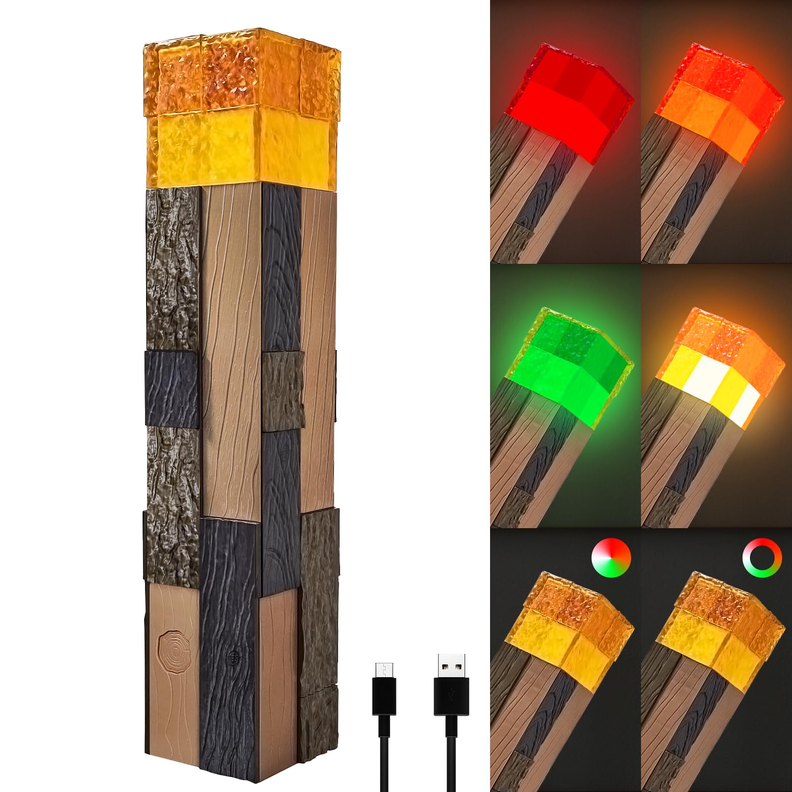 AIDYVOI Light-Up Wall Torch Lamp  4-Color Flame Modes  Rechargeable Handheld & Wall-Mountable Decor Light  Flame Night Light for Costume Cosplay & Room Decor  Perfect for Boys Aged 6-8