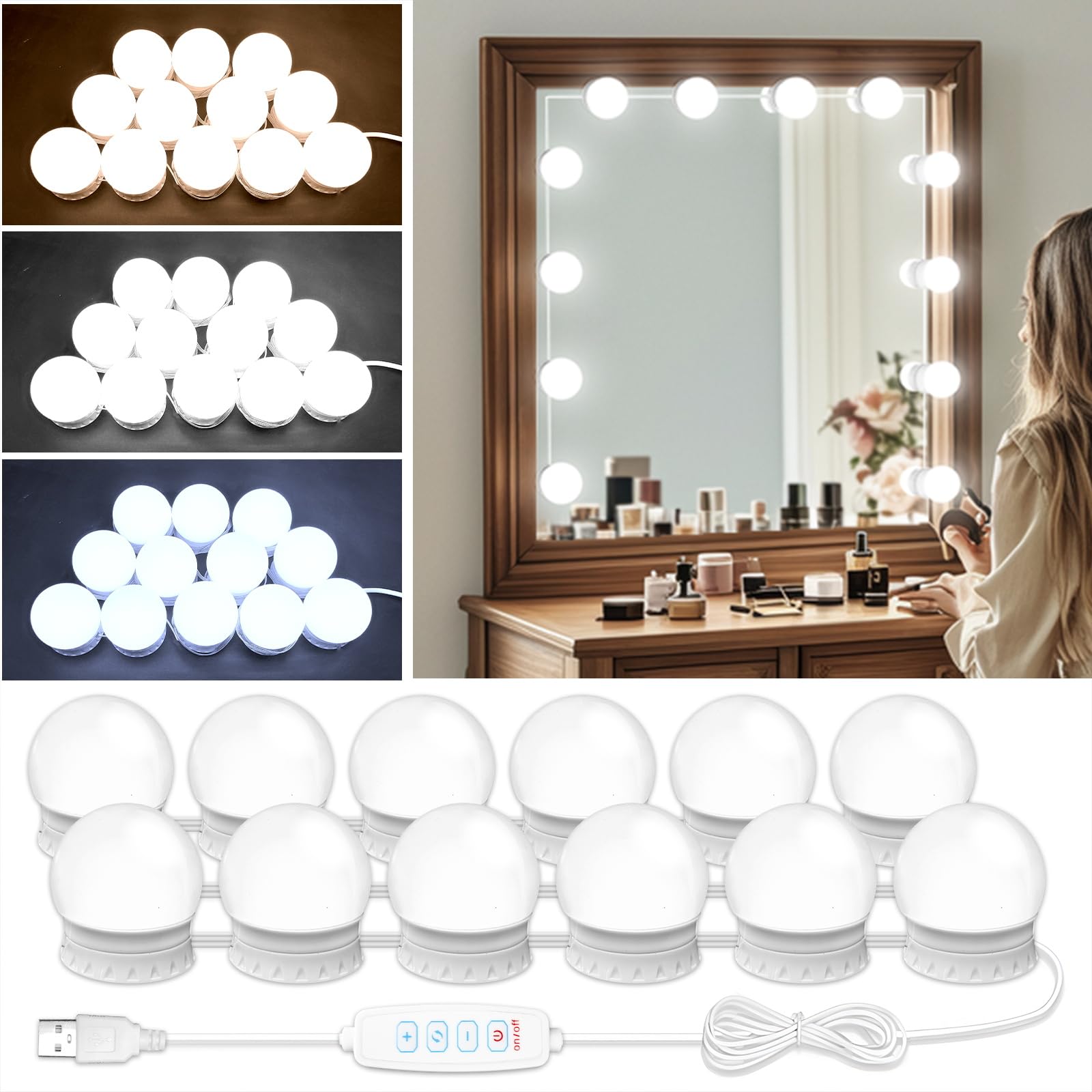 Led Vanity Mirror Lights With 12 Stick On Dimmable Bulbs, 3000K 4500K 6500K & 10 Brightness Levels Adjustable, Plug In Usb Cable