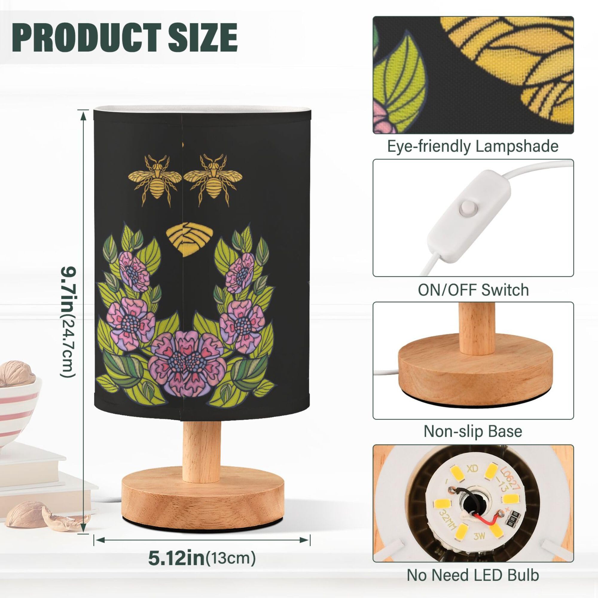 Yyzzh Table Lamp Honey Queen Bee Bumblebee Crown Flower Floral Wreath Nightstand Lamp With Wood Base Fabric Lamp Shade Bedside D