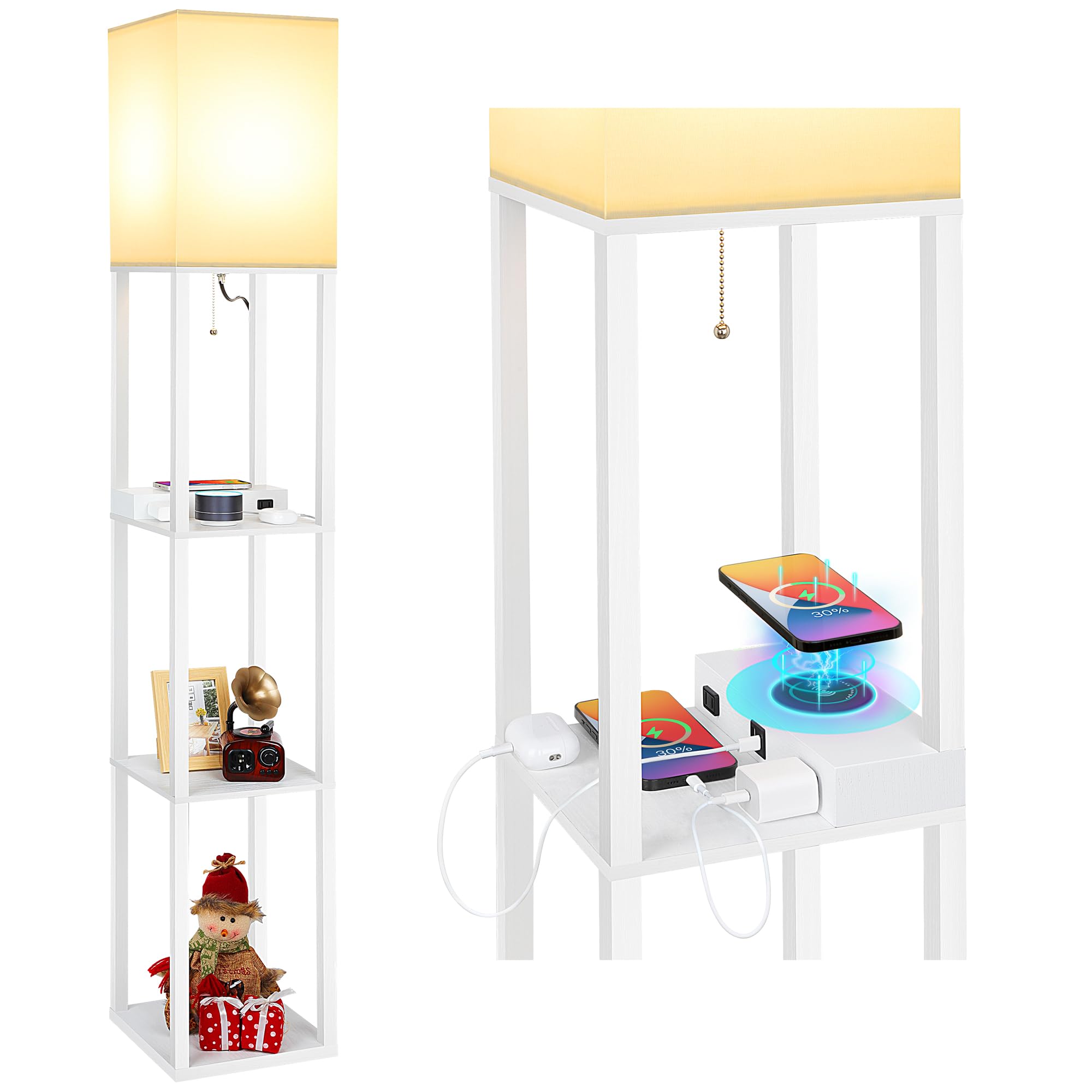 Mlambert Modern Shelf Floor Lamp with Wireless Charger, USB Ports, 2 Outlets, 3-Tier Storage, Engineered Wood, White, Model A-092