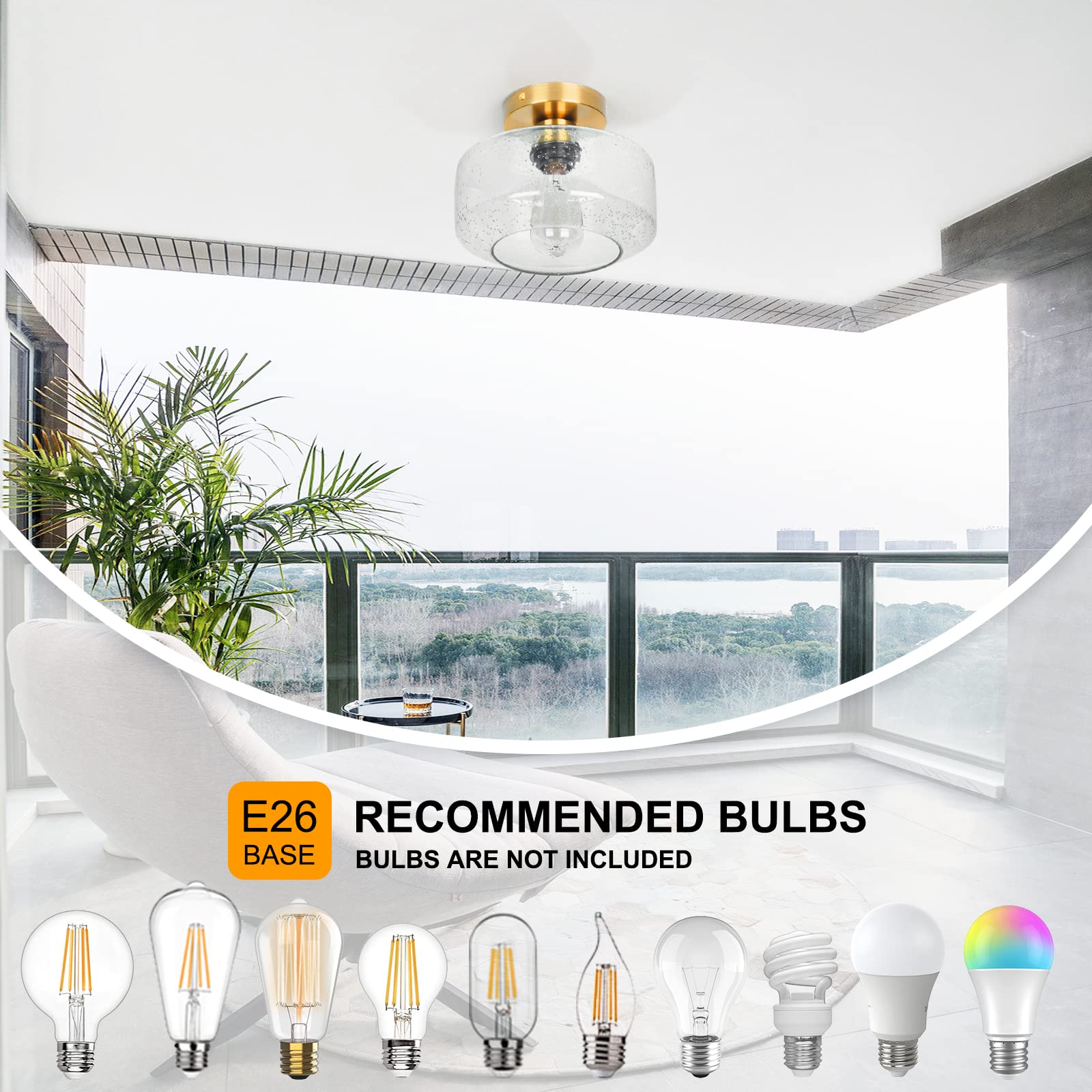 Sunrider Industrial Semi Flush Mount Ceiling Light Fixture, Seeded Glass Pendant Lamp, Brushed Golden Metal Base, Gold Farmhouse