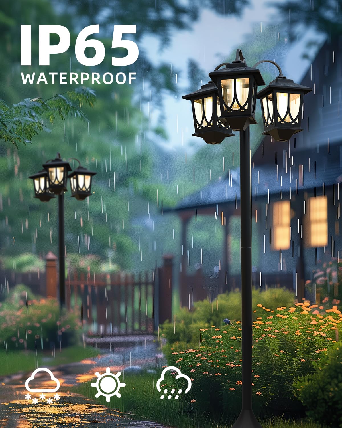 DOESLAG 73in Aluminum Solar Lamp Post Light 3-Head Waterproof Black UV-Resistant Plastic Model 18H0218-01