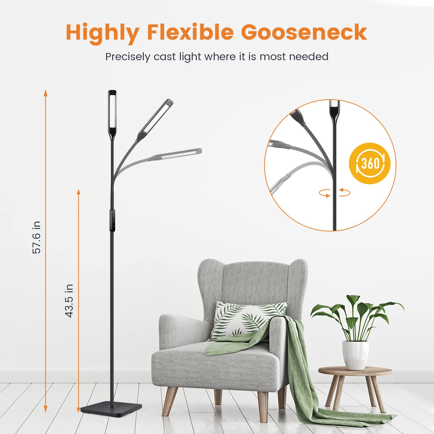 LASTAR LED Floor Lamp, Dimmable 3000K-6000K, 4 Brightness Levels, Flexible Gooseneck, Model CM006 for Living Room & Office