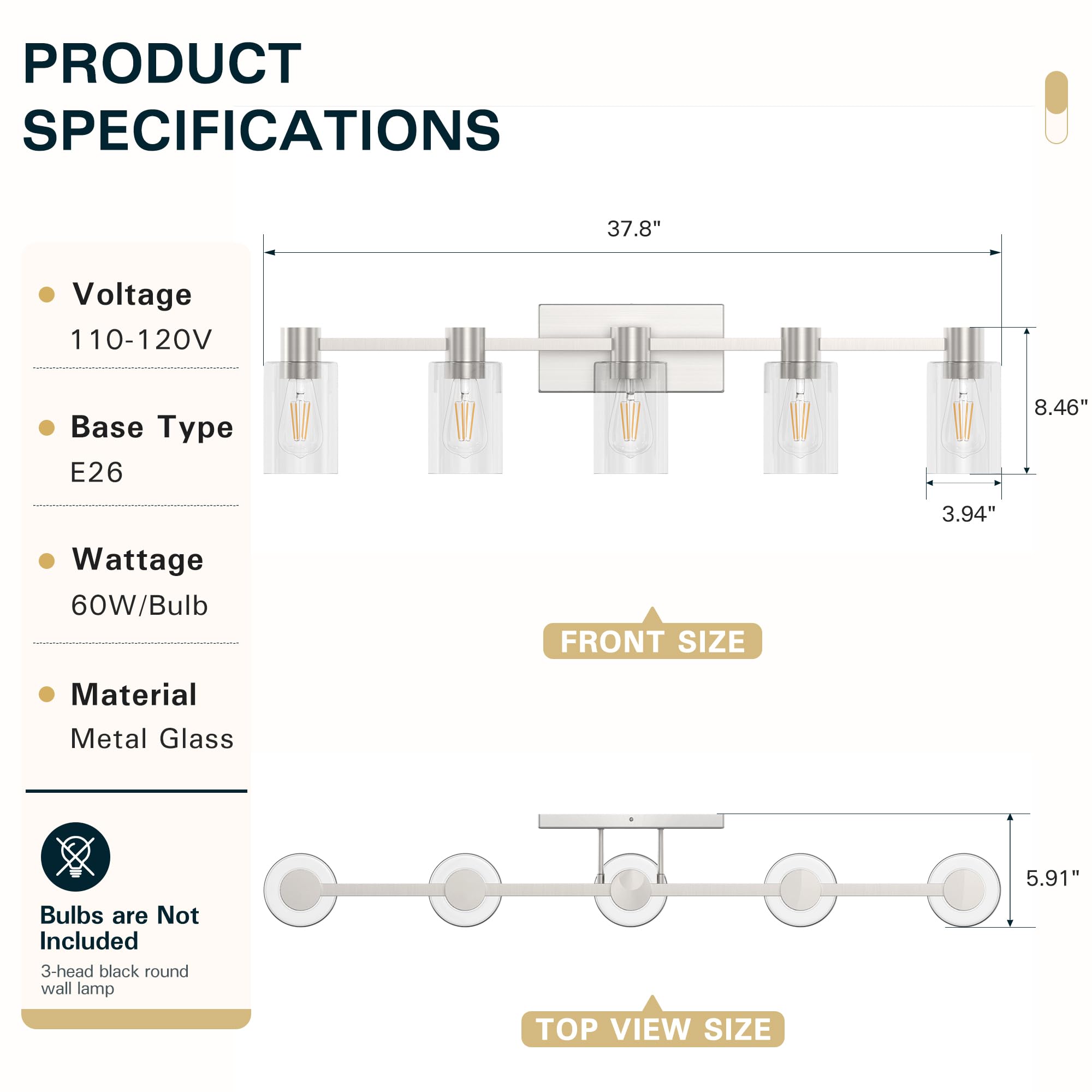Esfos 5-Light Modern Vanity Light Fixtures Over Mirror, Brushed Nickel Bathroom Light Fixtures, Vanity Lights, Wall Sconce With