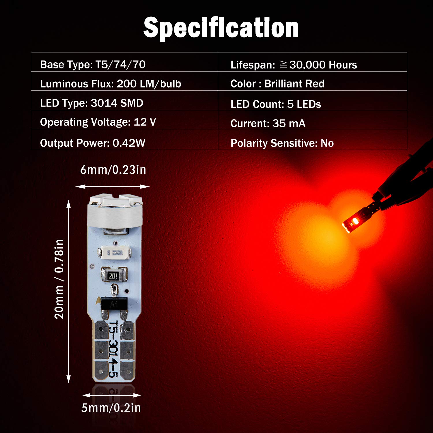 BRISHINE 10X T5 LED Bulbs, Brilliant Red, Error Free, 3014 Chipsets, Model XPISMII-T5R-5SMD3014, Perfect for Interior