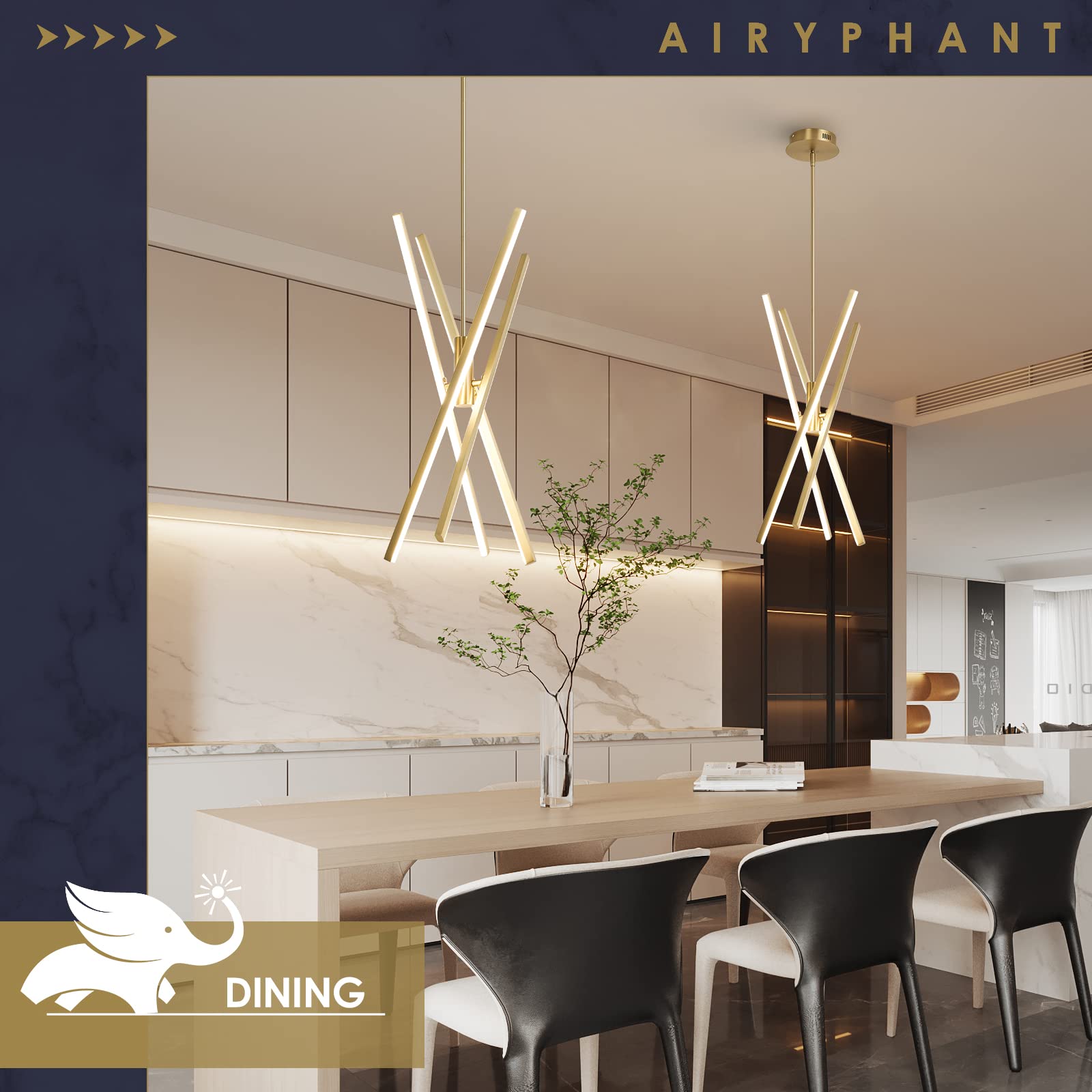 Airyphant Gold Modern Led Chandelier  Dimmable 4 Lights Ceiling Pendant Lighting For Dining Room Living Room Kitchen Island Bedroom Foyer 3000K/4000K/5000K 3Cct Selective  27.76In