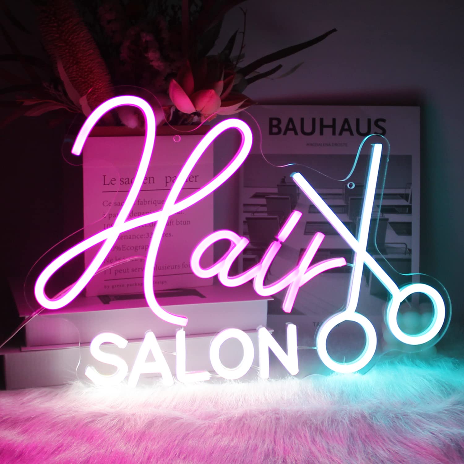 CKTBLEY Hair Salon Neon Sign, LED Wall Decor, Acrylic, Model CC-Hair Salon, Blue White Pink