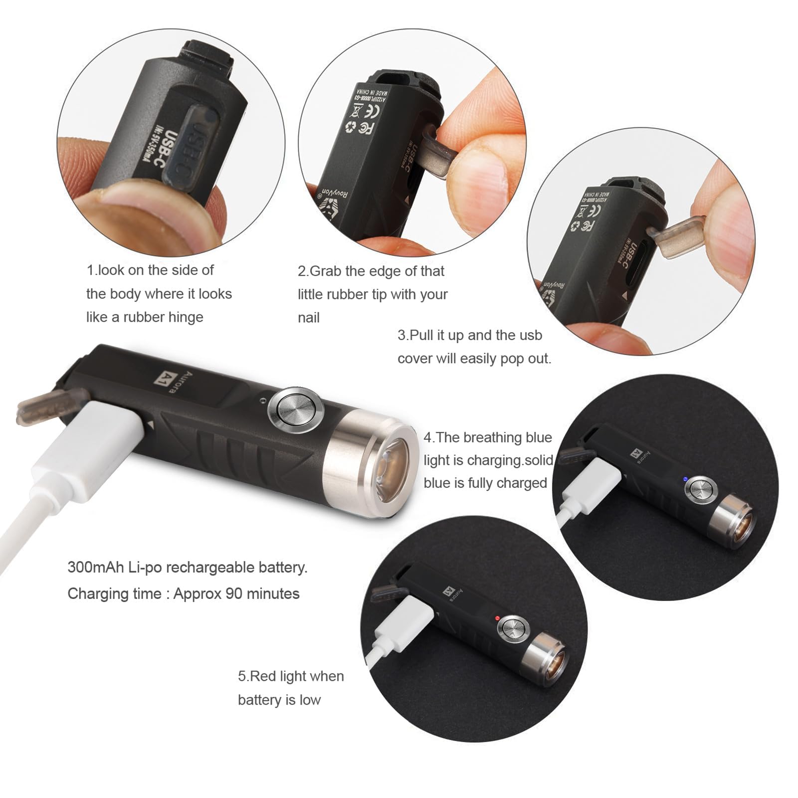 RovyVon A1 Gen 4 EDC Flashlight 650 Lumens Mini Keychain Rechargeable Black