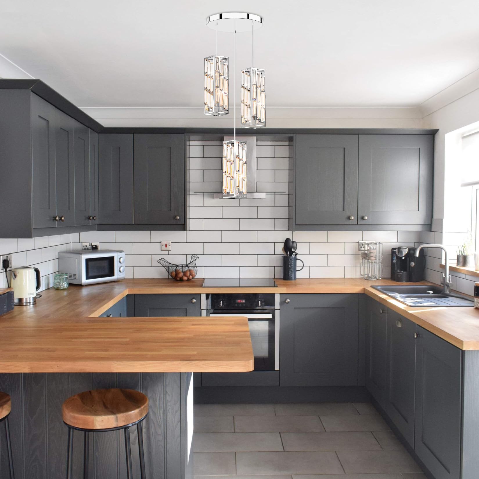 Aoceley 3-Light Chrome Pendant Lights Modern Pendant Light Fixture, Mini Crystal Pendant Ceiling Light, Pendant Light For Kitche