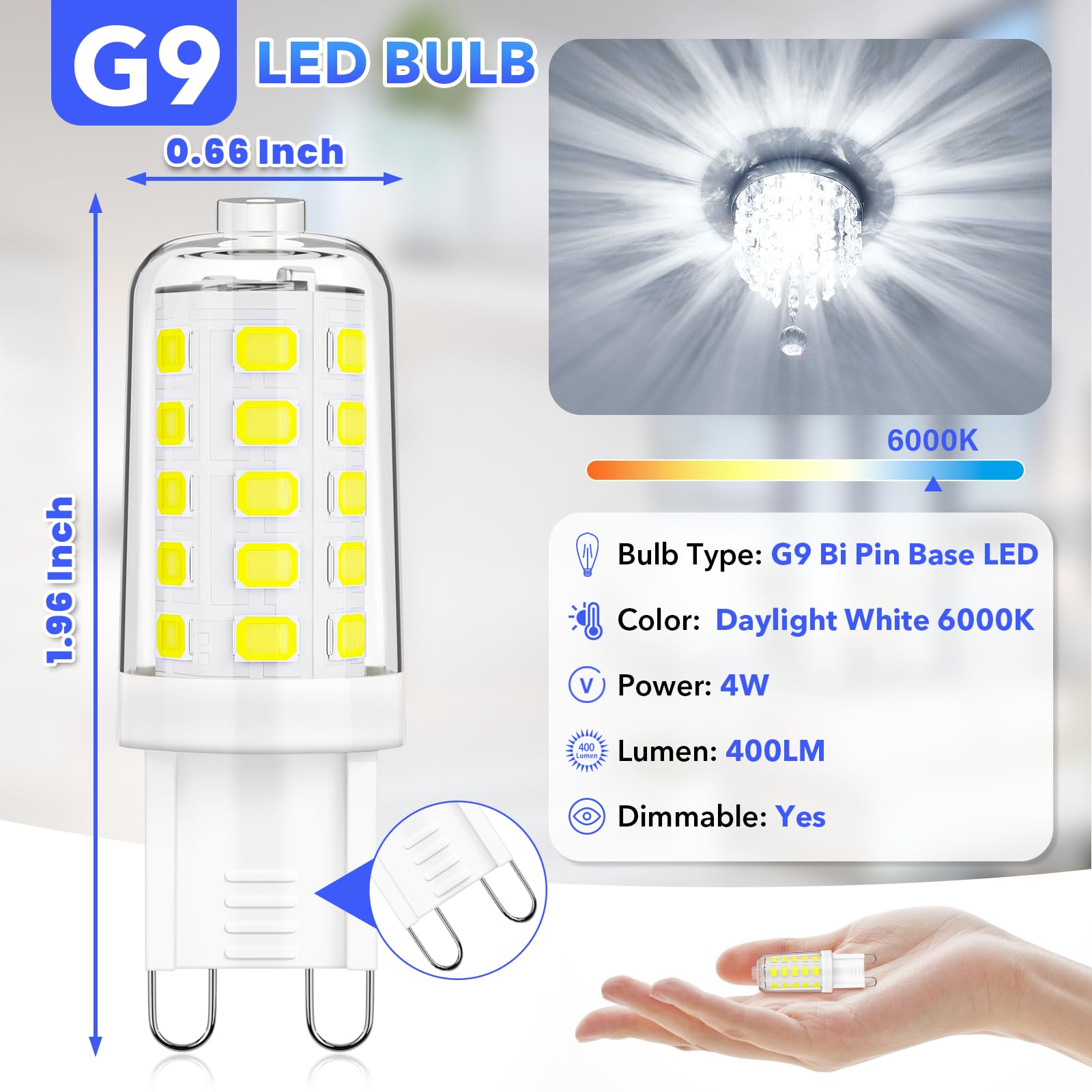 Maxvolador G9 Led Bulb Dimmable, Daylight White 6000K, 40W T4 Halogen Equivalent, Bi Pin Base 4W Light Bulbs For Chandelier Ligh