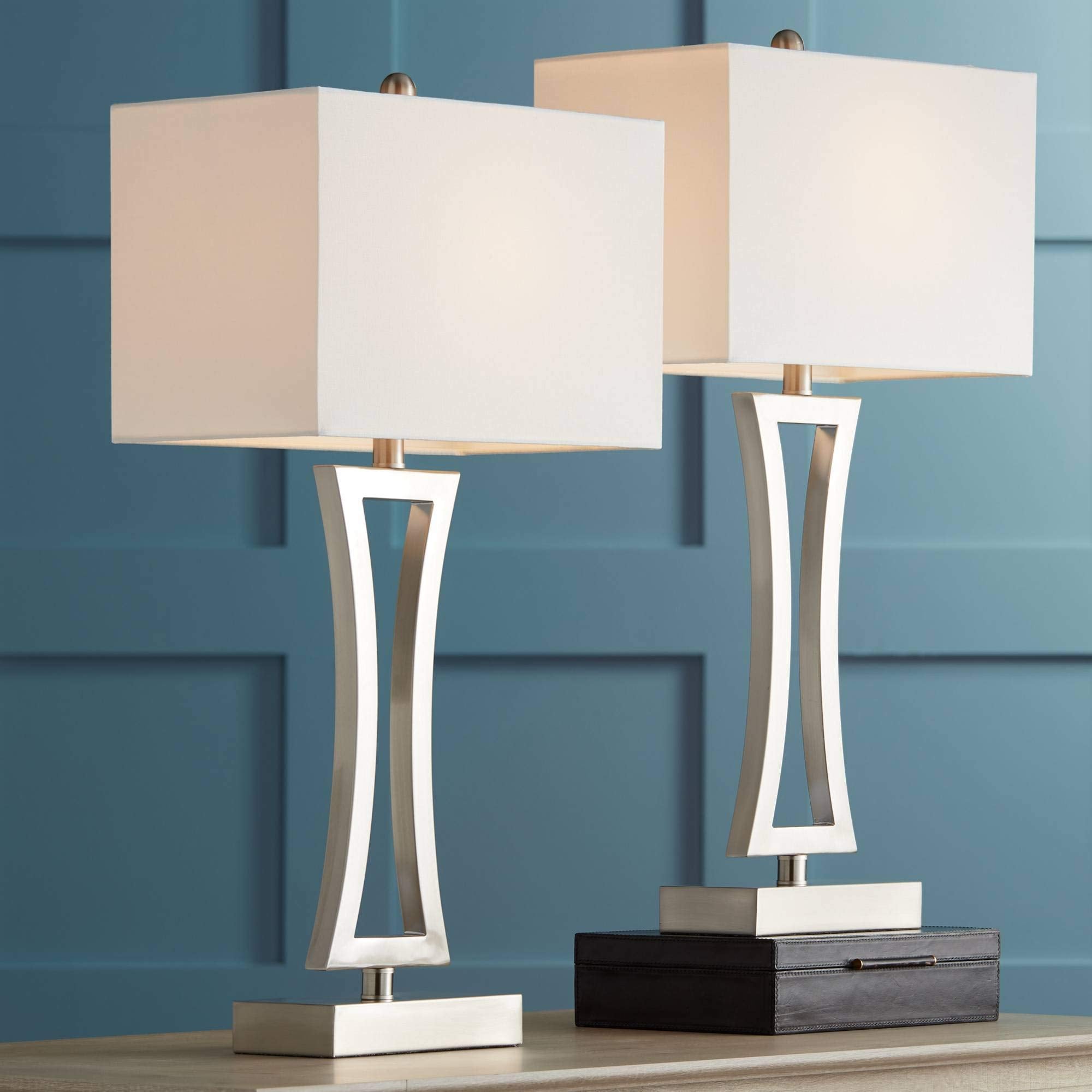 360 Lighting Roxie 31 Tall Table Lamps Set Of 2, Brushed Nickel Metal, Off White Fabric Shade For Bedroom, Living Room, Home Office