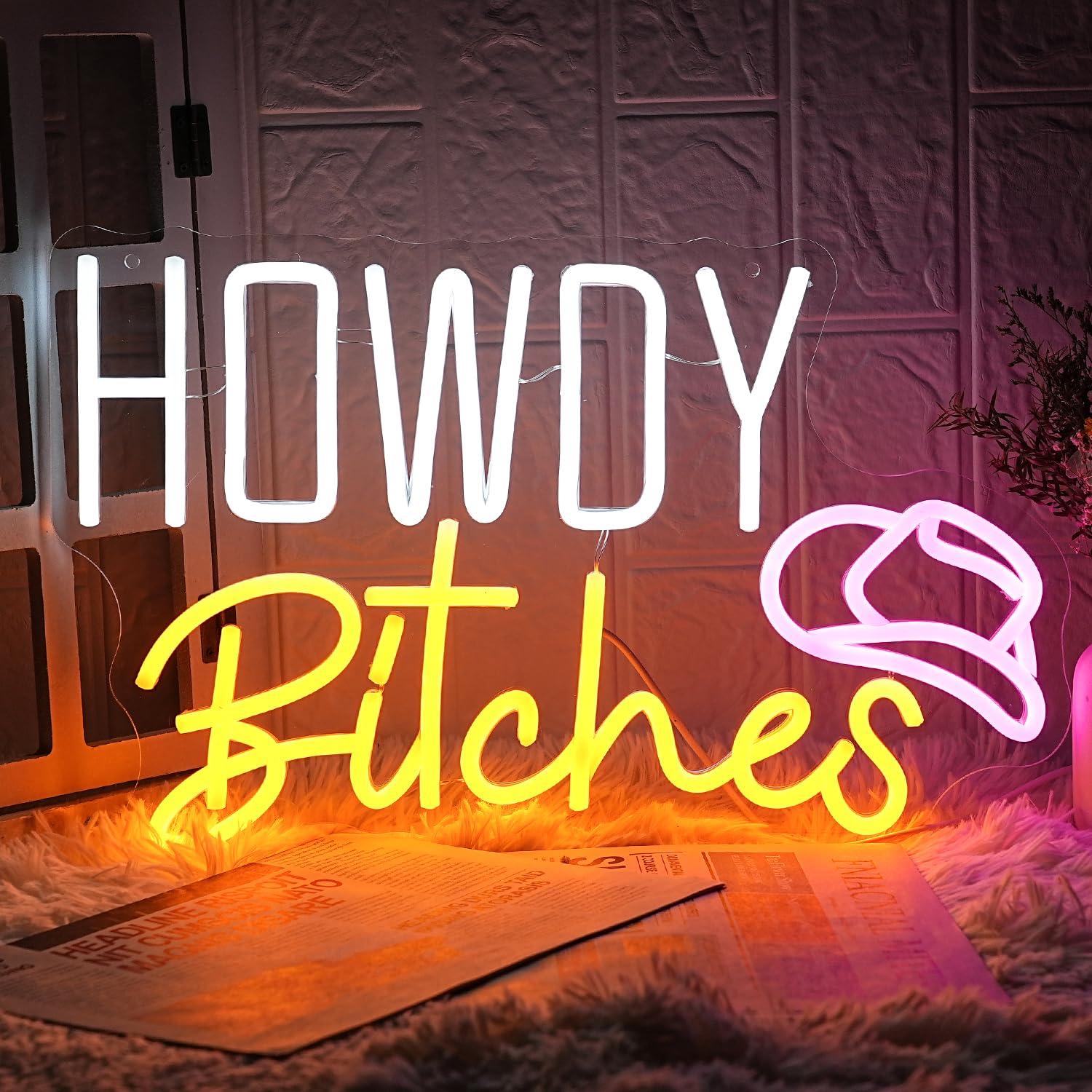 LMSIGNLY LED Neon Sign - Howdy Bitches Model, USB Dimmable, Acrylic Material, White Yellow Pink Color, Perfect for Dorm Decor