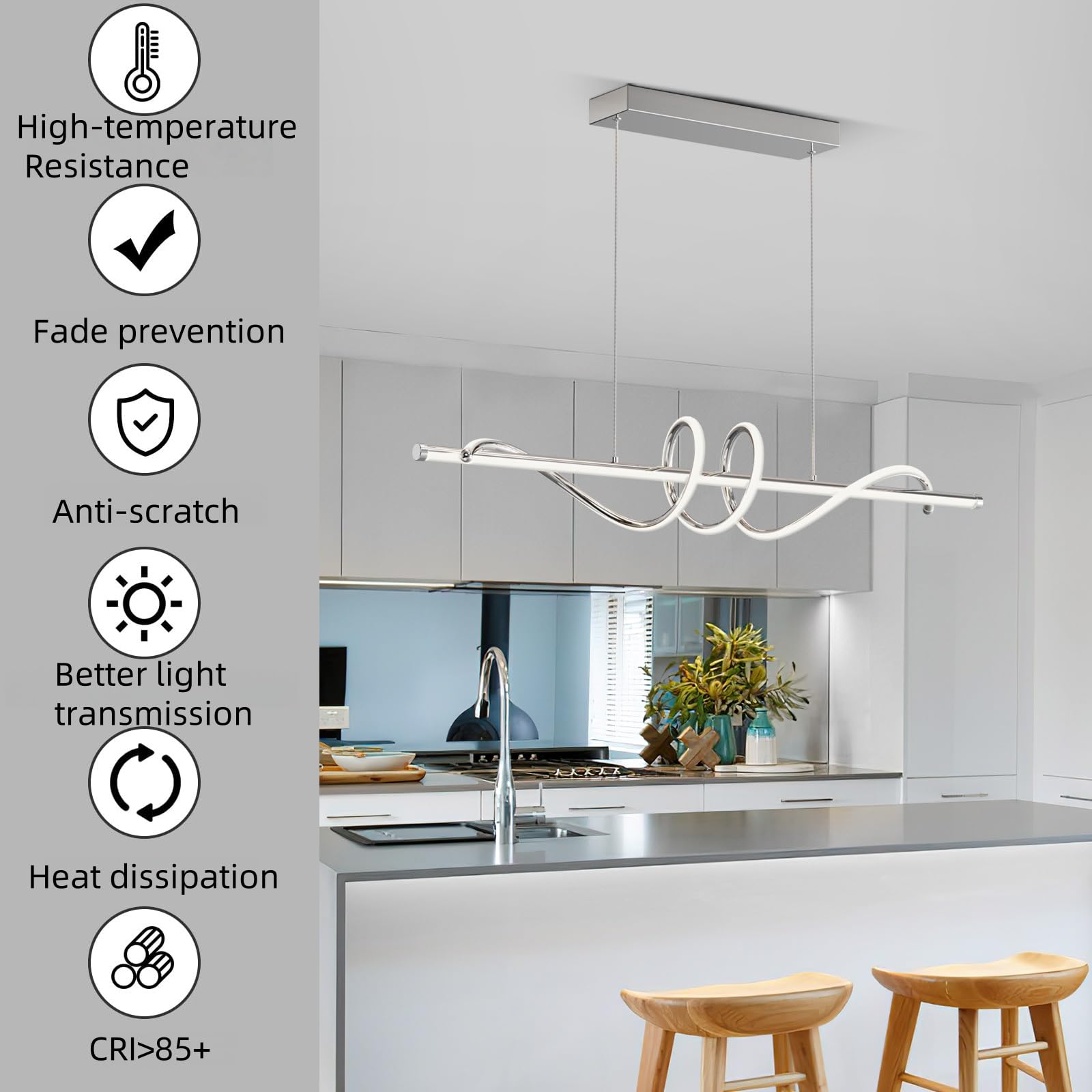 Zihoi Modern LED Pendant Light Fixture, Dimmable 3000K-6000K, 47in Aluminum, Chrome Silver, Model LX