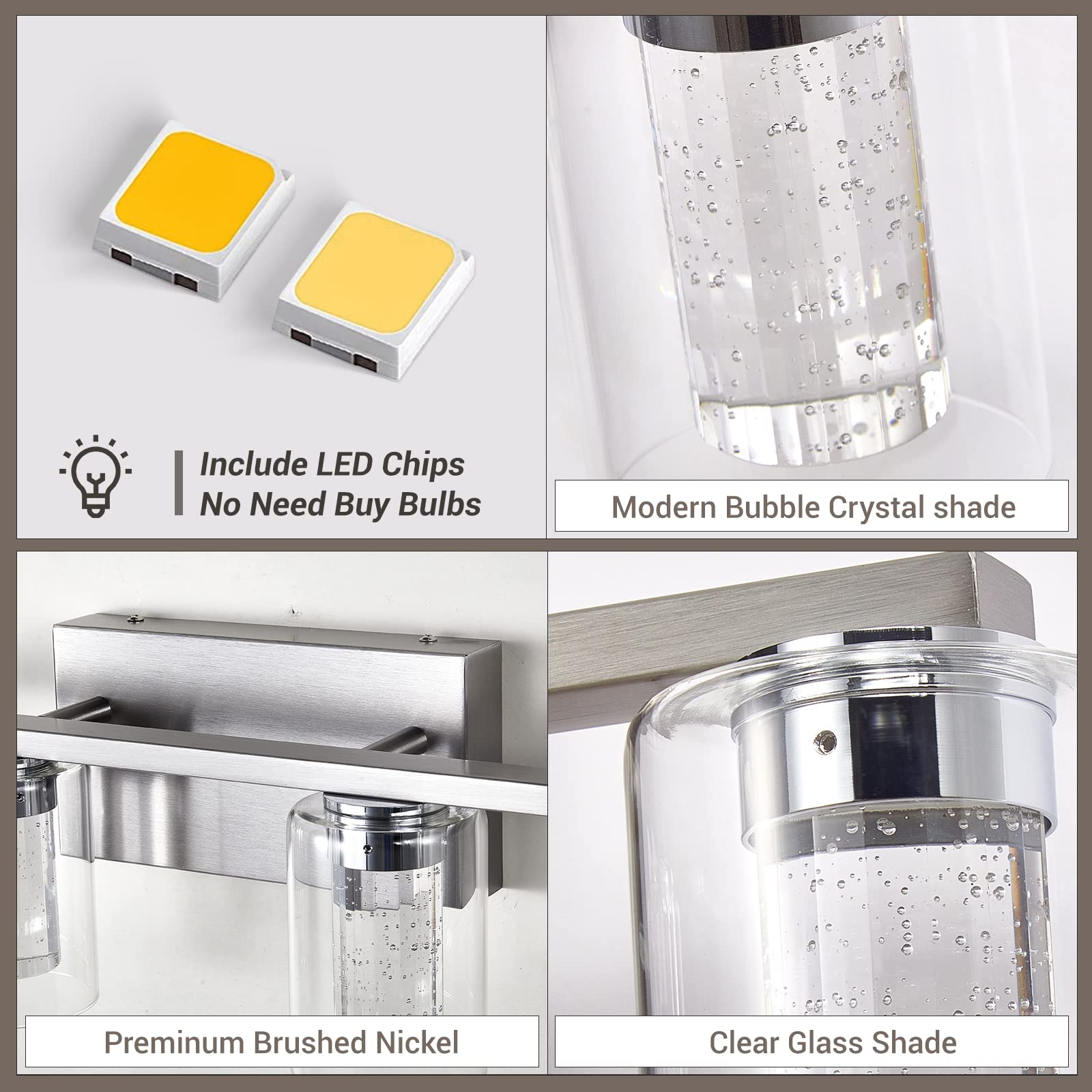 6 Light Bathroom Light Fixtures, Brushed Nickel Bathroom Vanity Light, Crystal Bubble Glass With Dimmable 3-Color (White/Neutral/Warm), Led Bathroom Wall Sconce For Bathroom Hallway Living Room