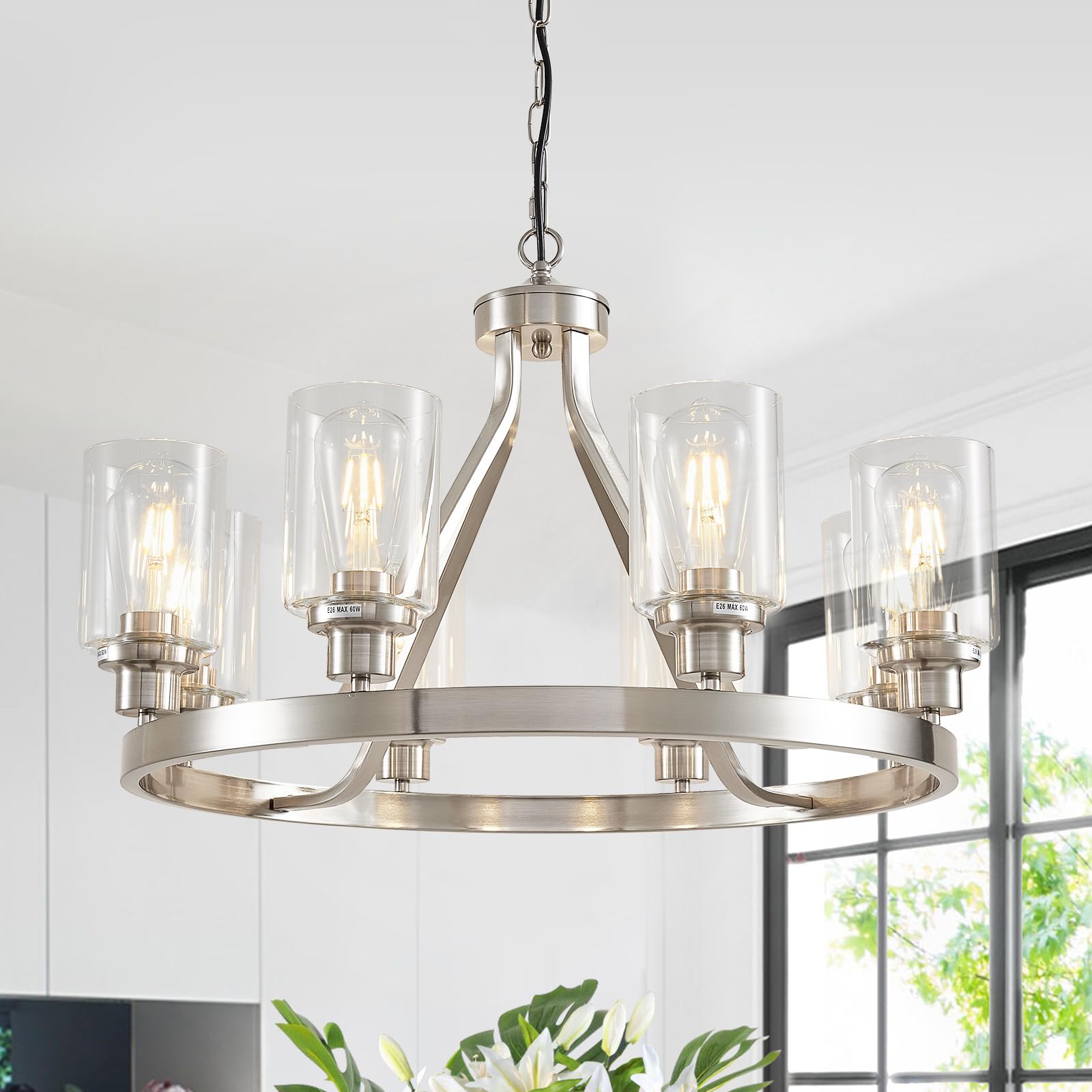 Lanhall 8-Light Modern Chandelier Brushed Nickel Metal Pendant Lighting, Model 1064 for Dining Room, Living Room, Adjustable Height