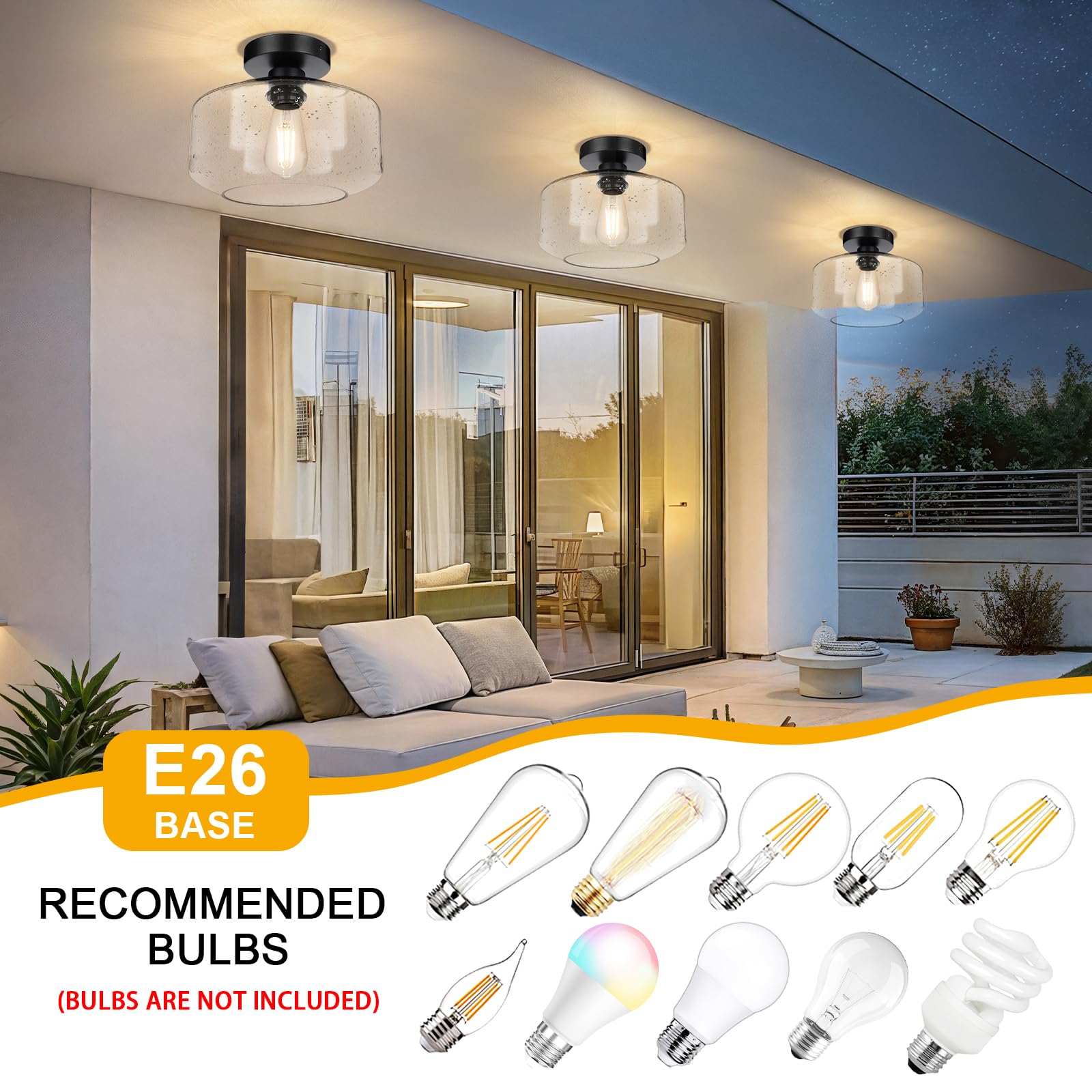 Sunrider Industrial Semi-Flush Mount Ceiling Light Fixture, Seeded Glass Lamp Shade, Black Metal Farmhouse Lights For Hallway Ki